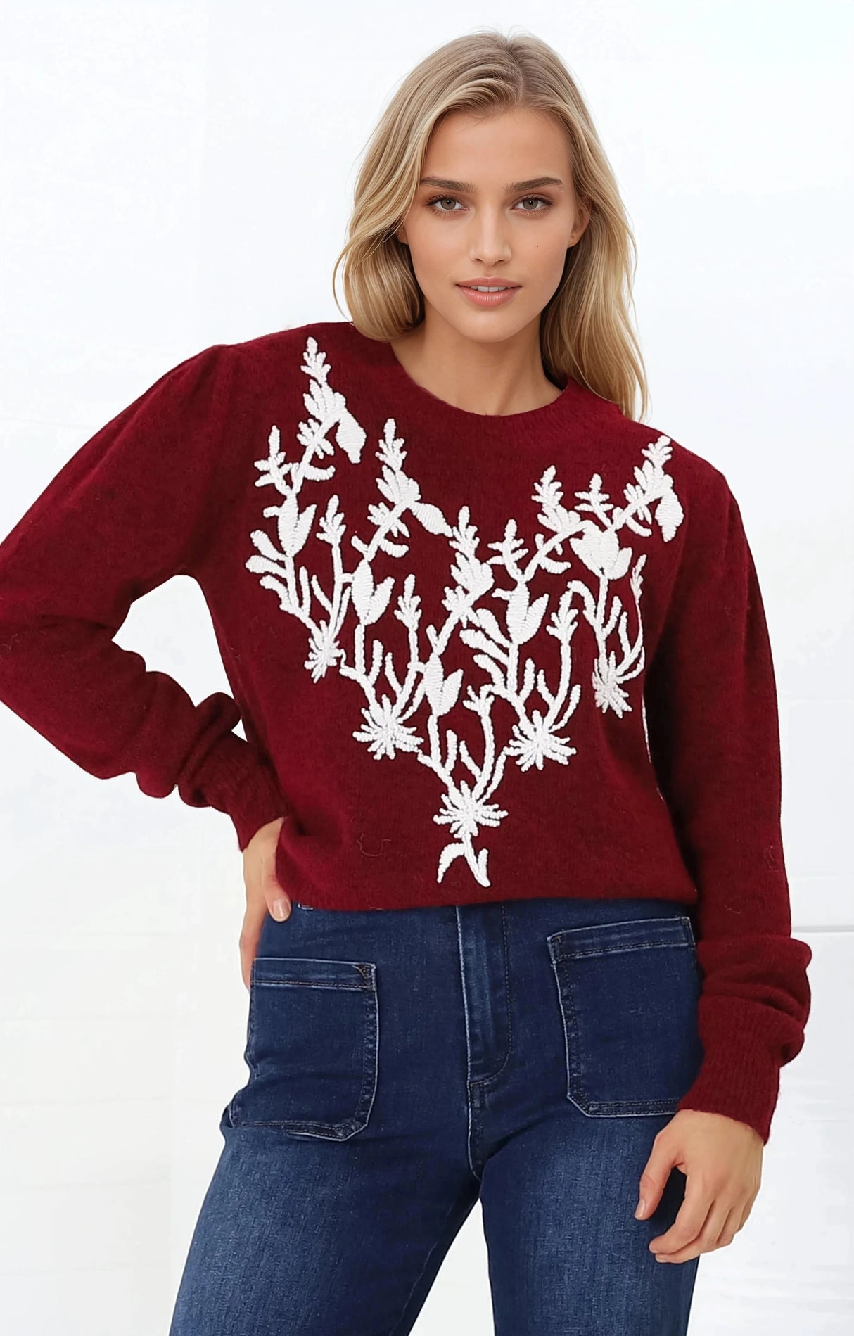 Muriel Jumper - Contrast Embroidery Crew Neck Jumper in Red