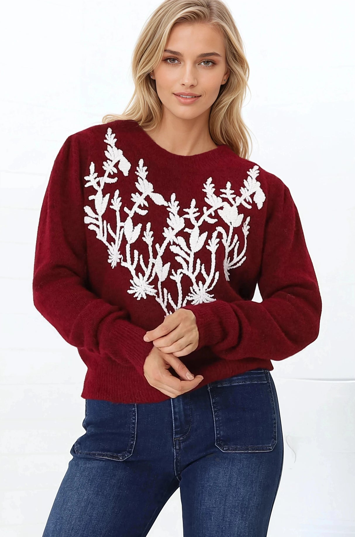 Muriel Jumper - Contrast Embroidery Crew Neck Jumper in Red