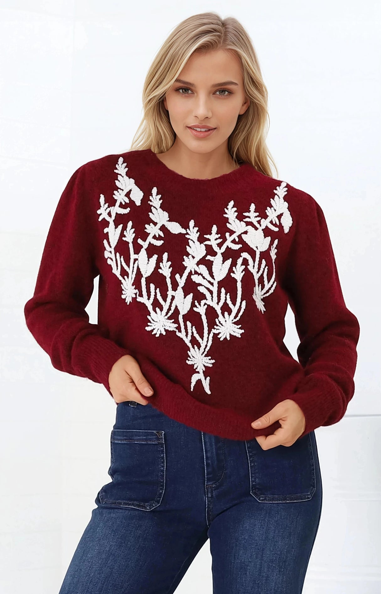 Muriel Jumper - Contrast Embroidery Crew Neck Jumper in Red