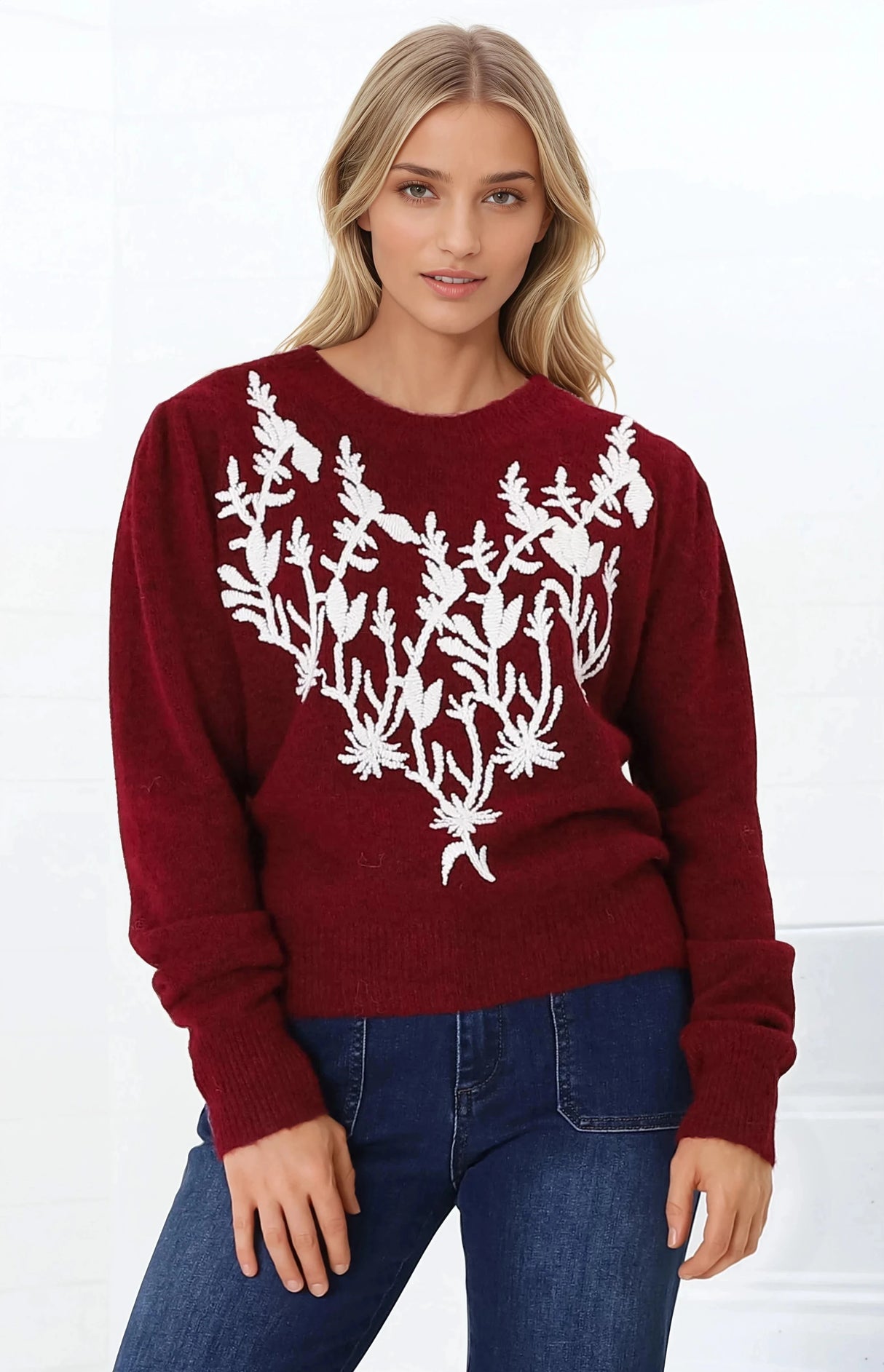 Muriel Jumper - Contrast Embroidery Crew Neck Jumper in Red