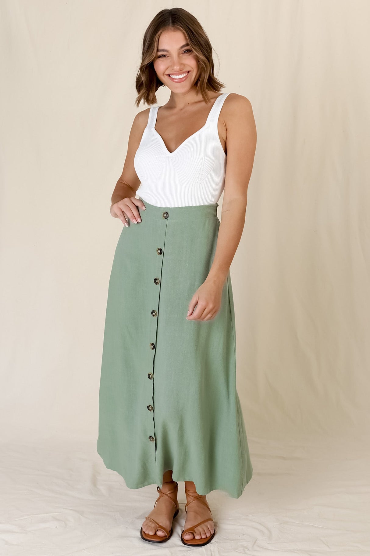 Murphy Midi Skirt - High Waisted Button Decal A-Line Skirt in Sage