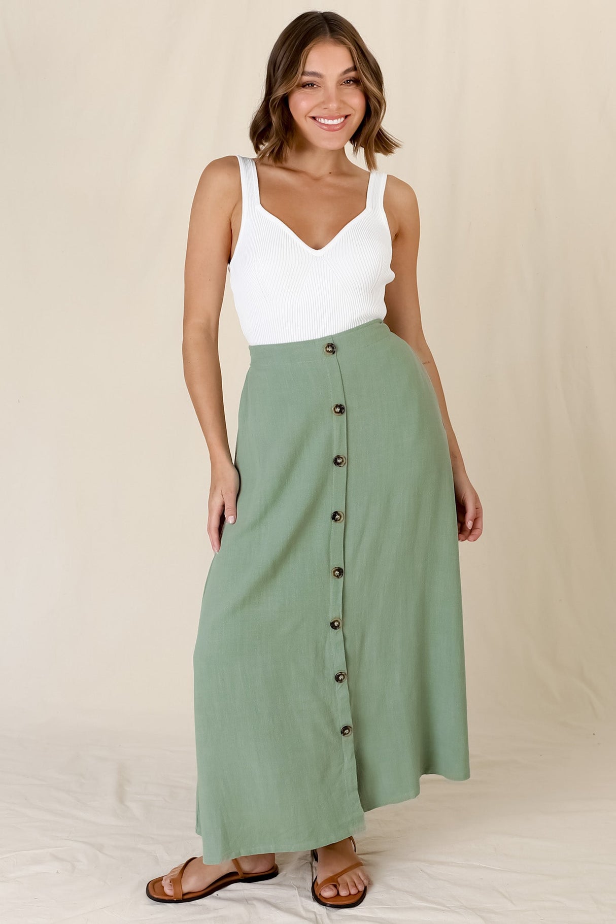 Murphy Midi Skirt - High Waisted Button Decal A-Line Skirt in Sage