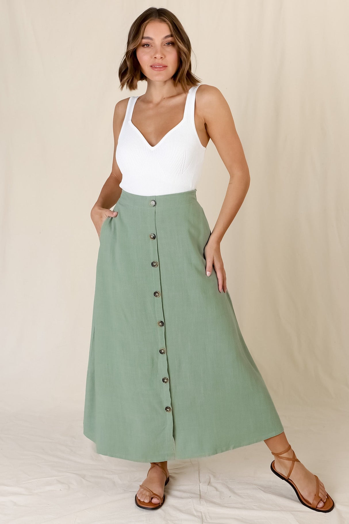 Murphy Midi Skirt - High Waisted Button Decal A-Line Skirt in Sage