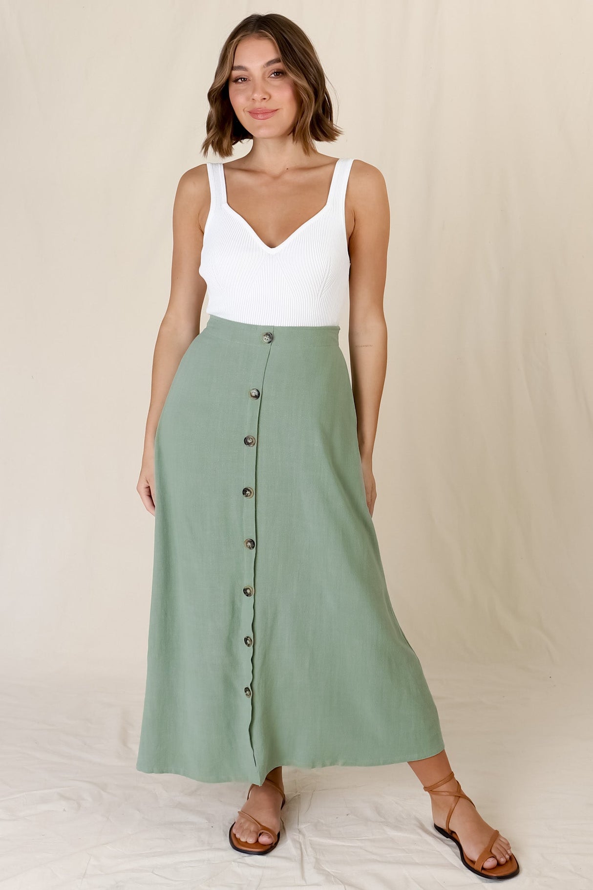 Murphy Midi Skirt - High Waisted Button Decal A-Line Skirt in Sage