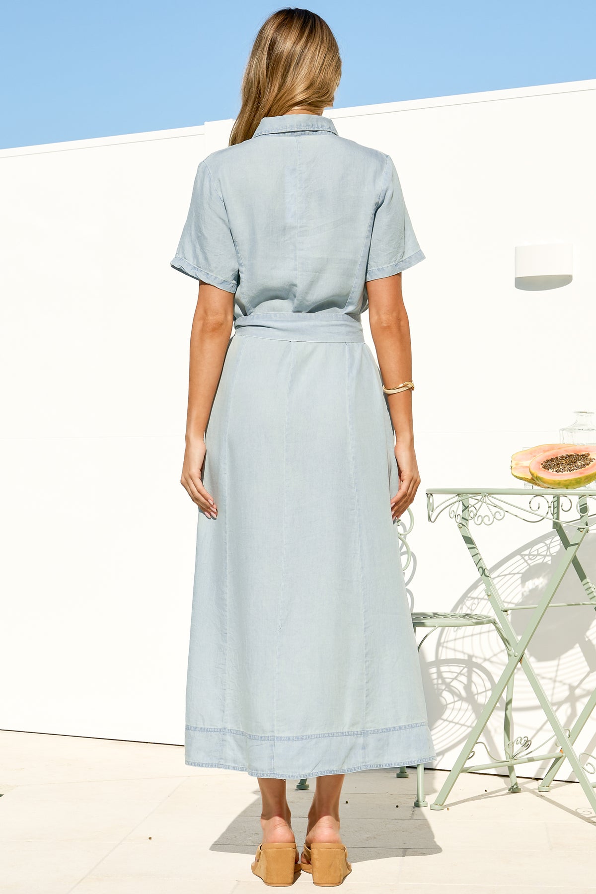 Myrtle Midi Dress - Collared Shirt Dress with Waist Tie in Light Denim Wash