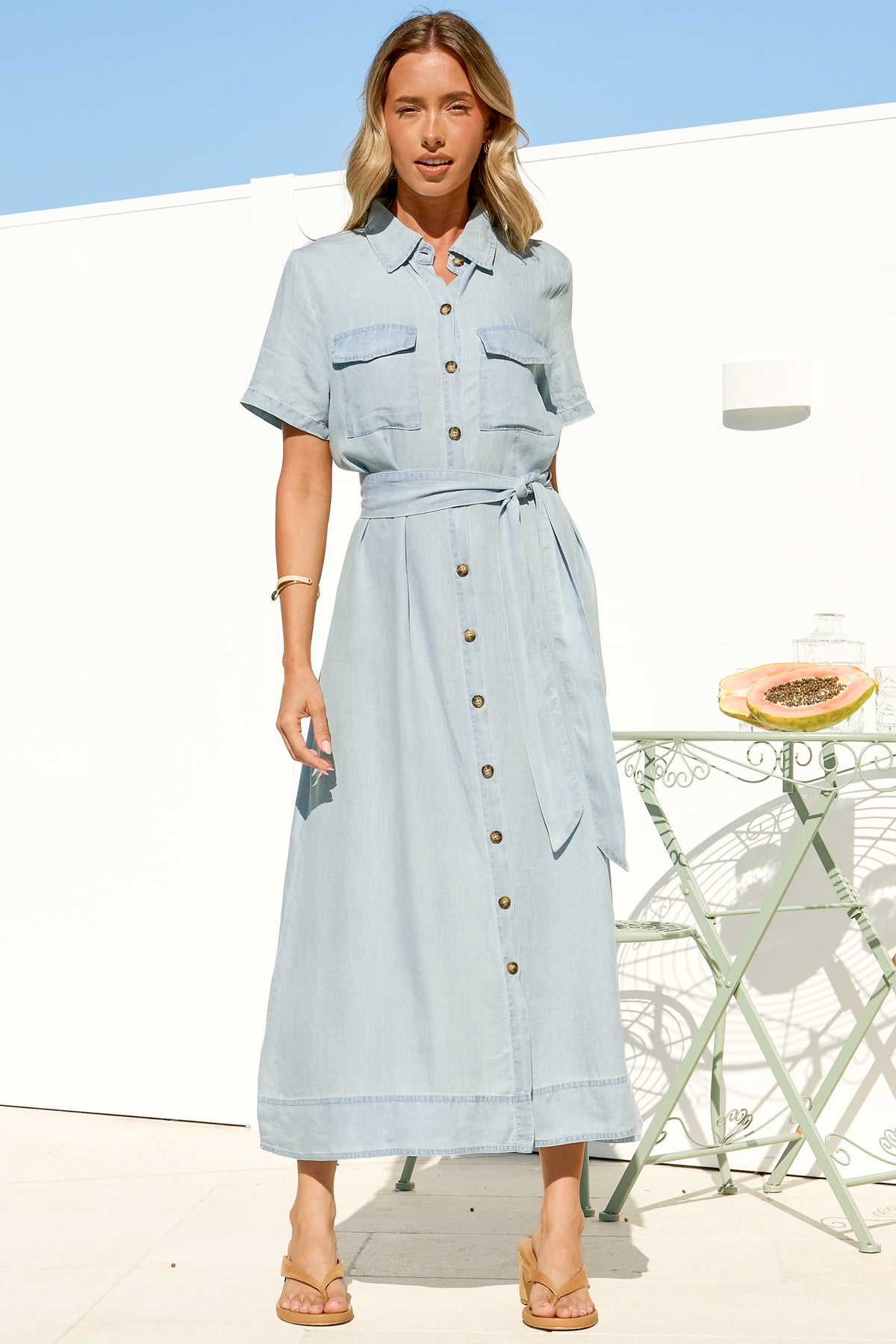 Myrtle Midi Dress - Collared Shirt Dress with Waist Tie in Light Denim Wash