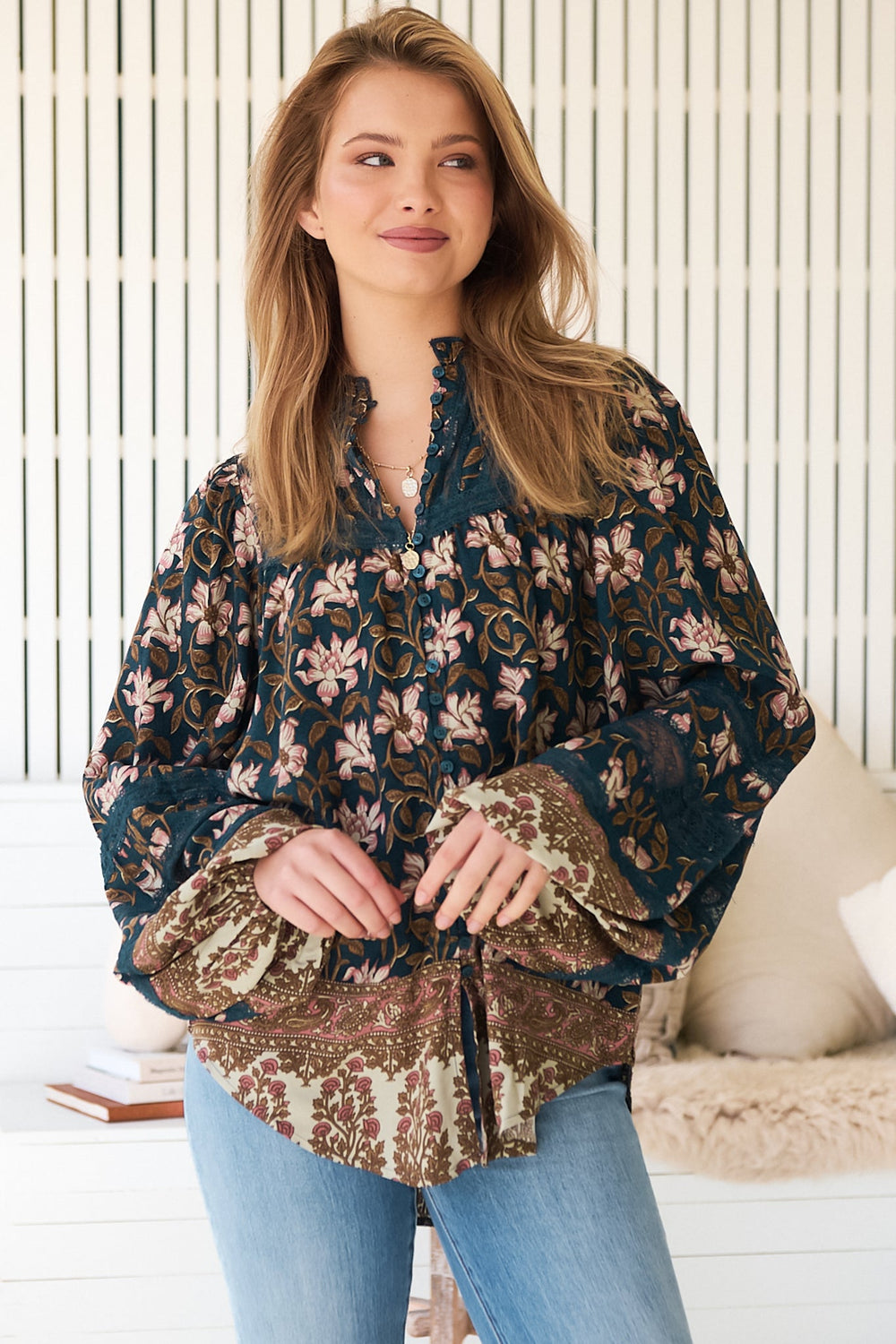 JAASE - Nadia Blouse: Scoop Hem Lace Detailing Button Down in Nomade Print