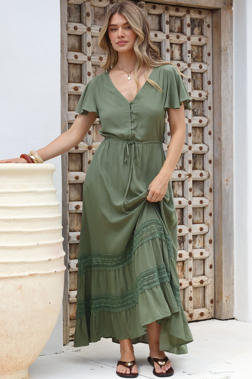 Narissa Maxi Dress - A-Line Dress with Lace Splicing and Flutter Sleeves in Khaki