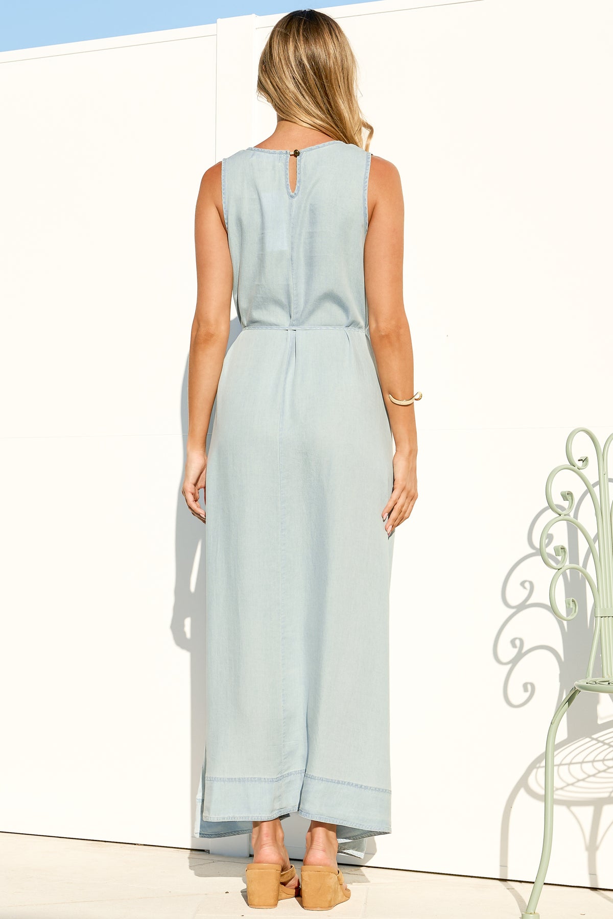 Nasrin Maxi Dress - V Neck Sleevess Dress with Waist Tie in Light Denim Wash