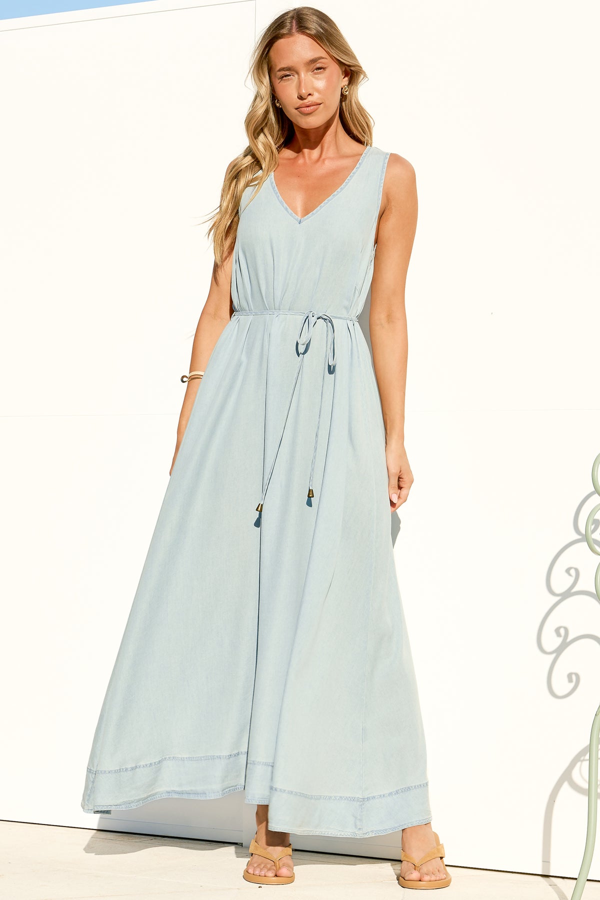 Nasrin Maxi Dress - V Neck Sleevess Dress with Waist Tie in Light Denim Wash