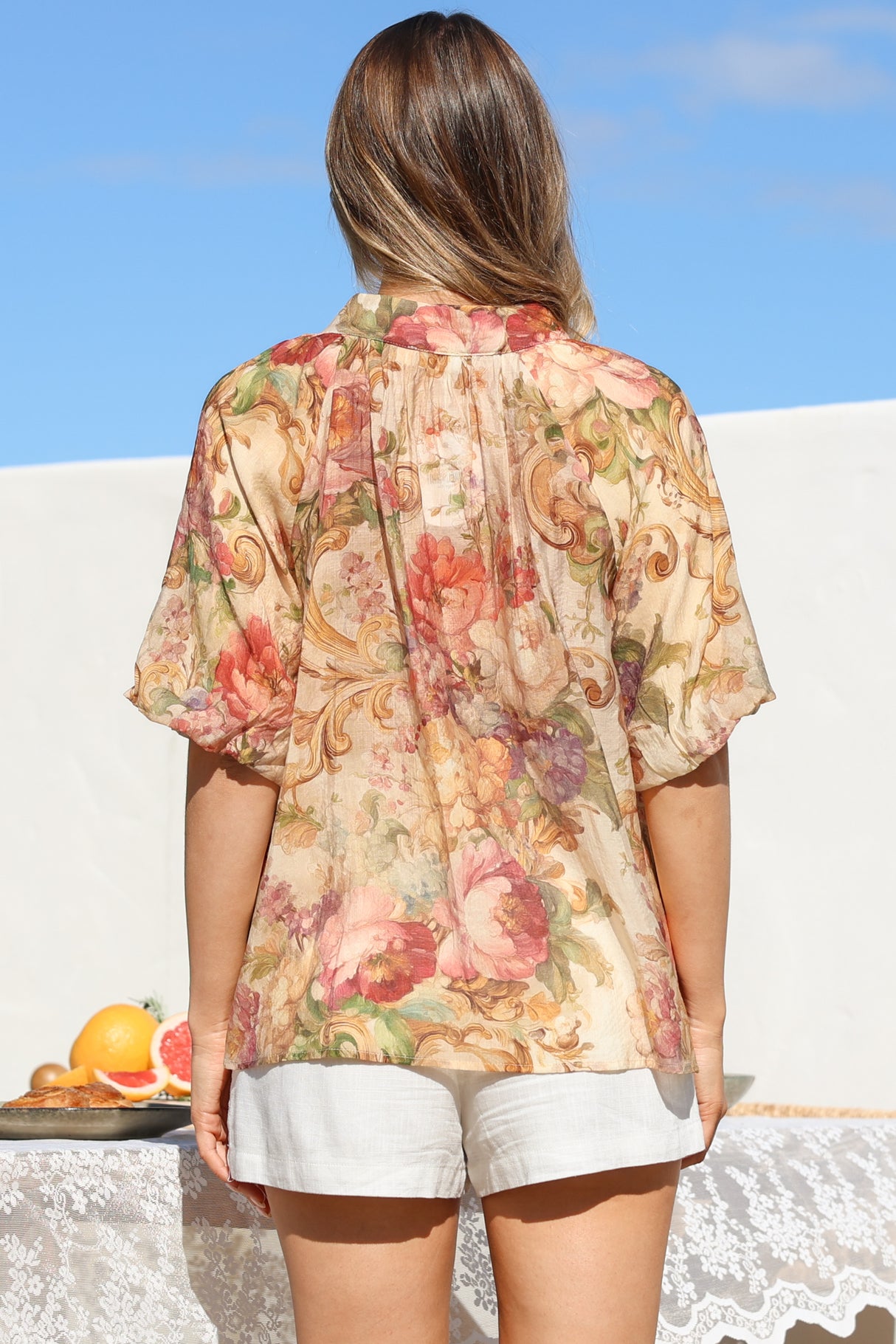 Natalia Blouse - Button Down Mandarin Collar Shirt in Azelia Print Cream