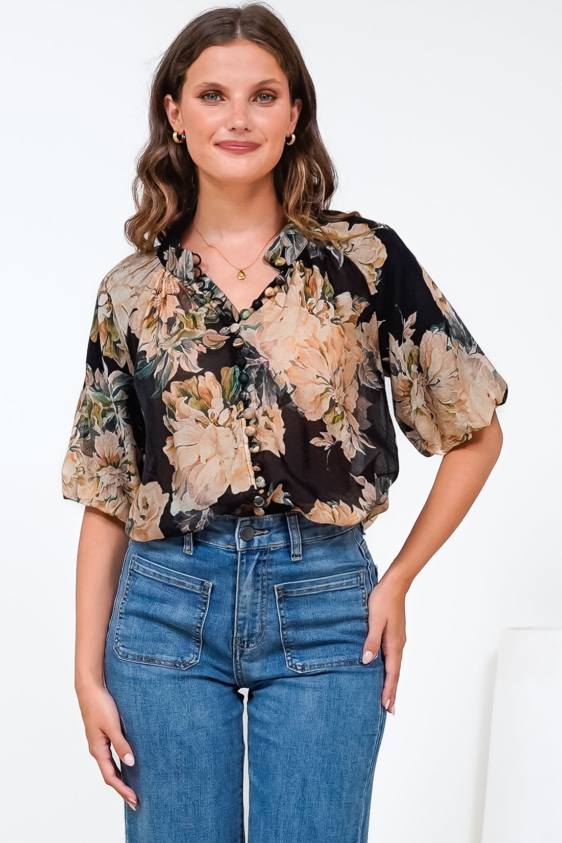 Natalia Blouse - Button Down Mandarin Collar Shirt in Kirah Print Black