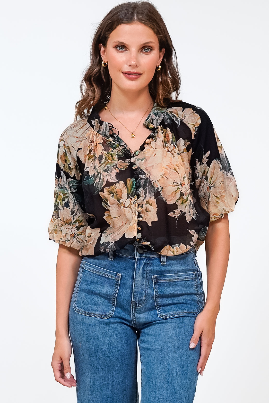 Natalia Blouse - Button Down Mandarin Collar Shirt in Kirah Print Black