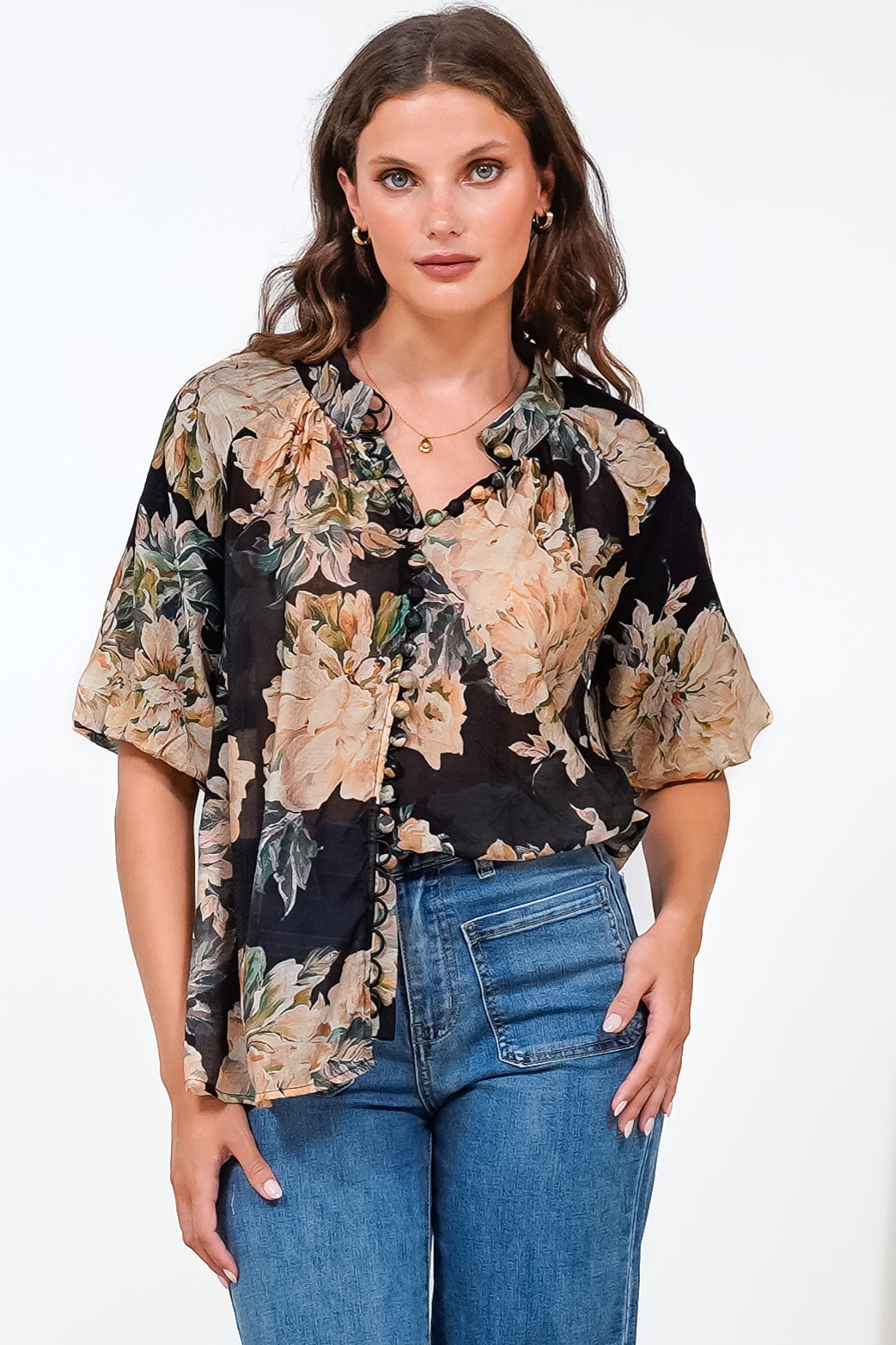 Natalia Blouse - Button Down Mandarin Collar Shirt in Kirah Print Black