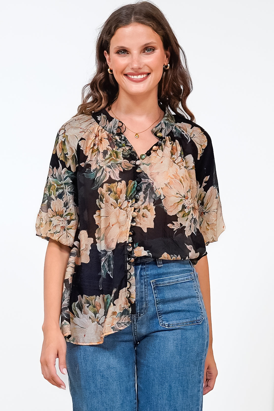 Natalia Blouse - Button Down Mandarin Collar Shirt in Kirah Print Black