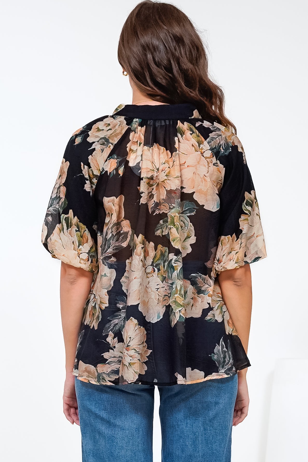 Natalia Blouse - Button Down Mandarin Collar Shirt in Kirah Print Black