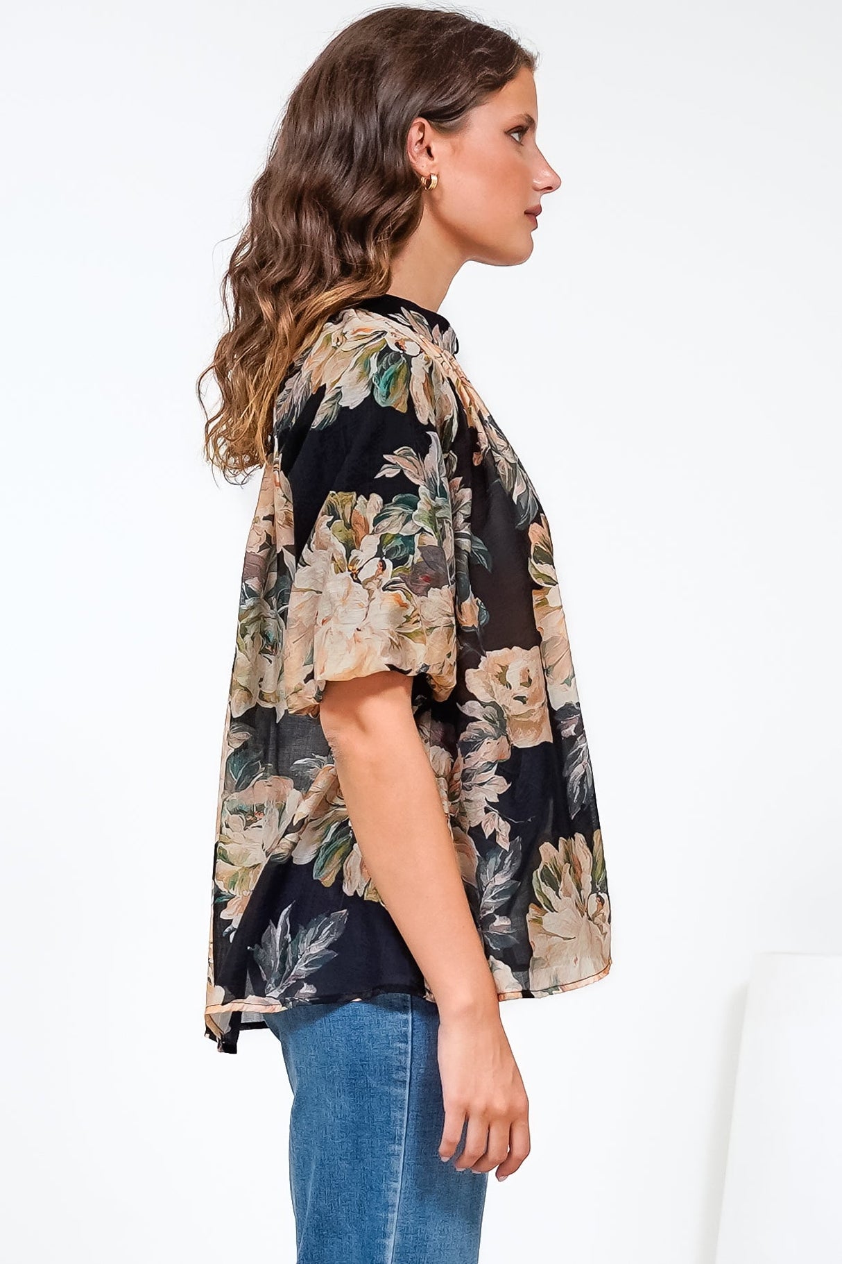 Natalia Blouse - Button Down Mandarin Collar Shirt in Kirah Print Black