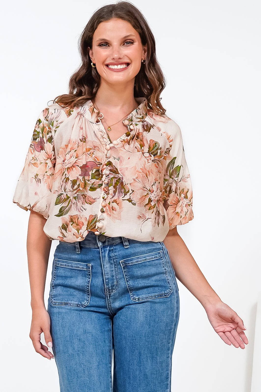 Natalia Blouse - Button Down Mandarin Collar Shirt in Kirah Print Peach