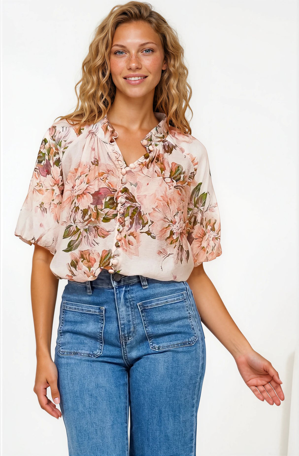 Natalia Blouse - Button Down Mandarin Collar Shirt in Kirah Print Peach