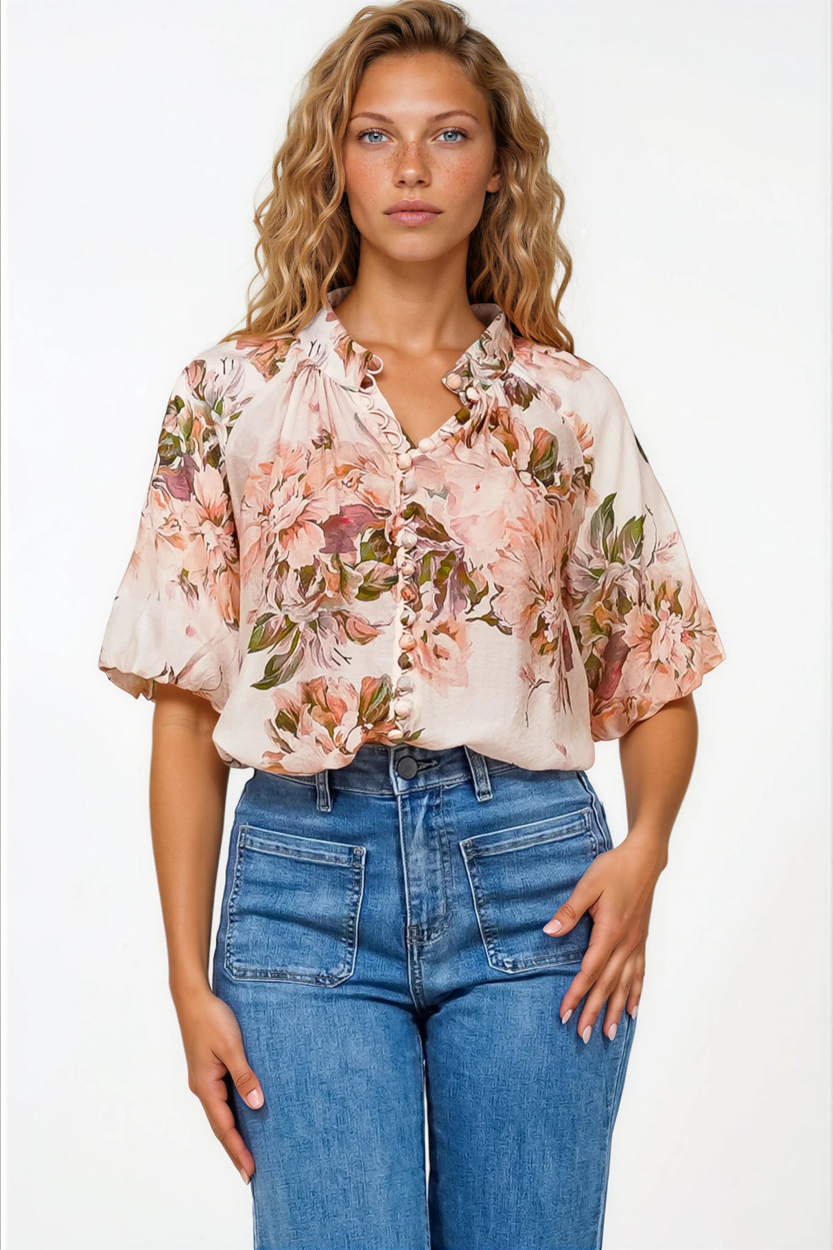 Natalia Blouse - Button Down Mandarin Collar Shirt in Kirah Print Peach