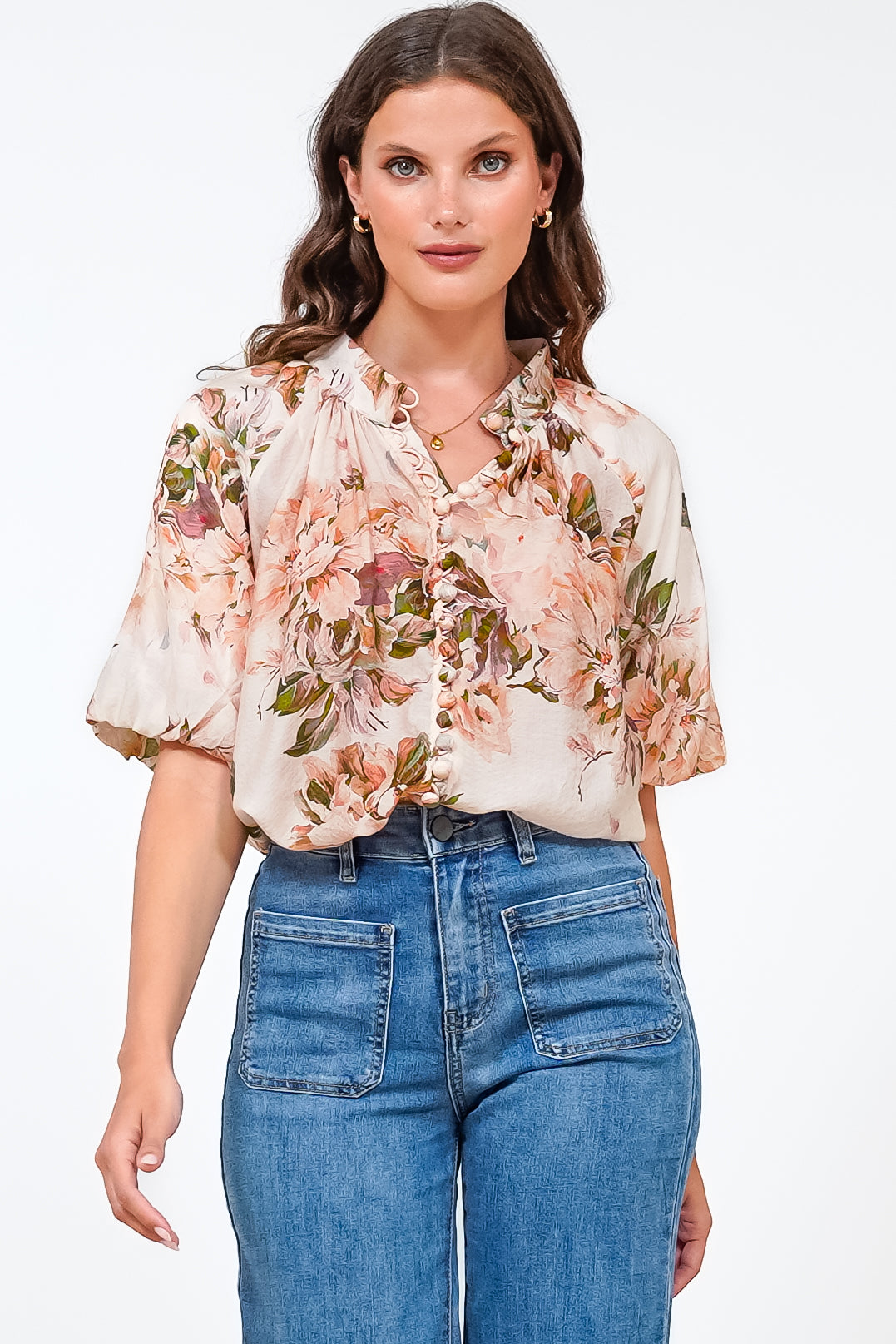 Natalia Blouse - Button Down Mandarin Collar Shirt in Kirah Print Peach