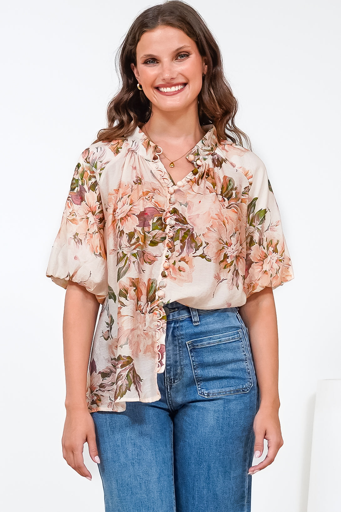 Natalia Blouse - Button Down Mandarin Collar Shirt in Kirah Print Peach