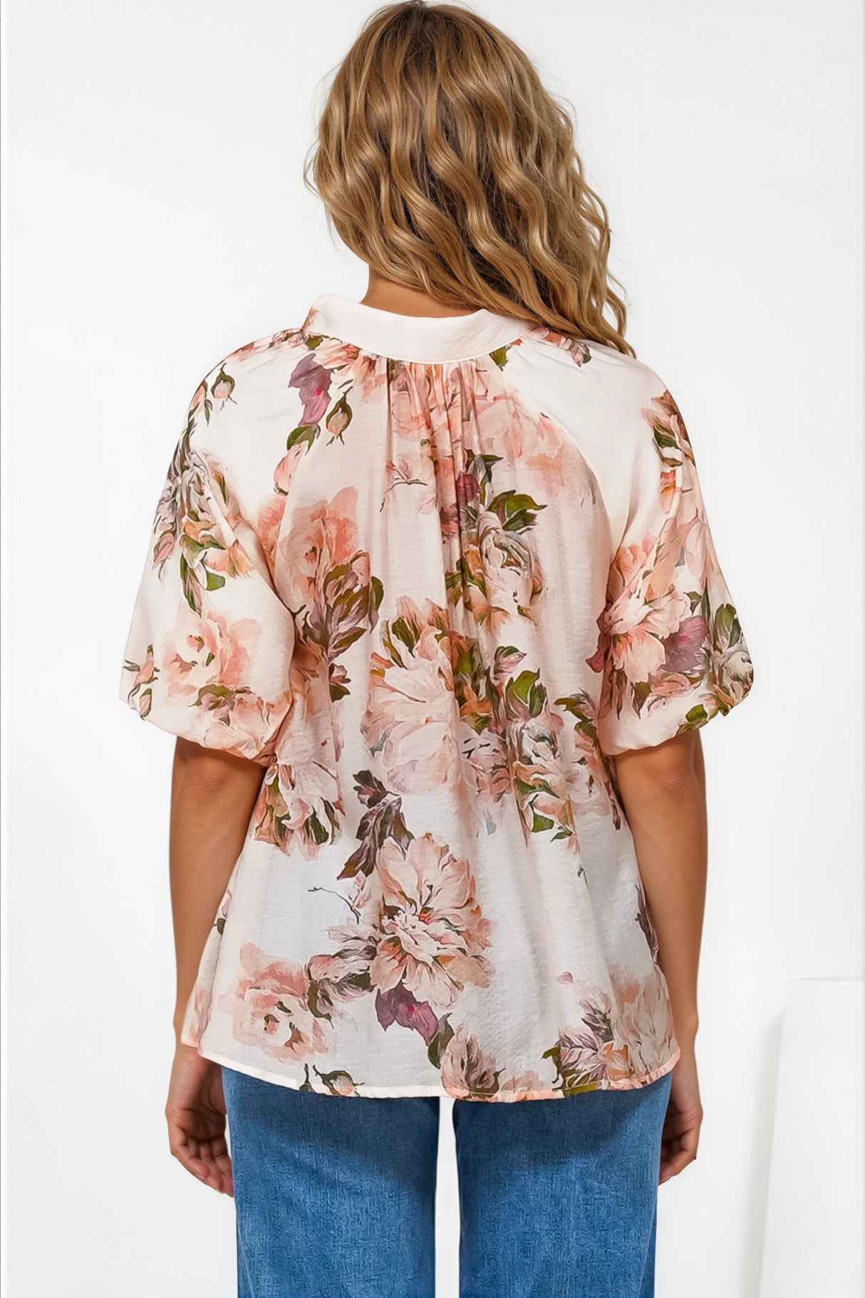 Natalia Blouse - Button Down Mandarin Collar Shirt in Kirah Print Peach