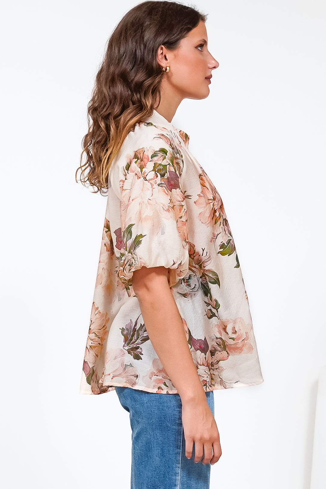 Natalia Blouse - Button Down Mandarin Collar Shirt in Kirah Print Peach