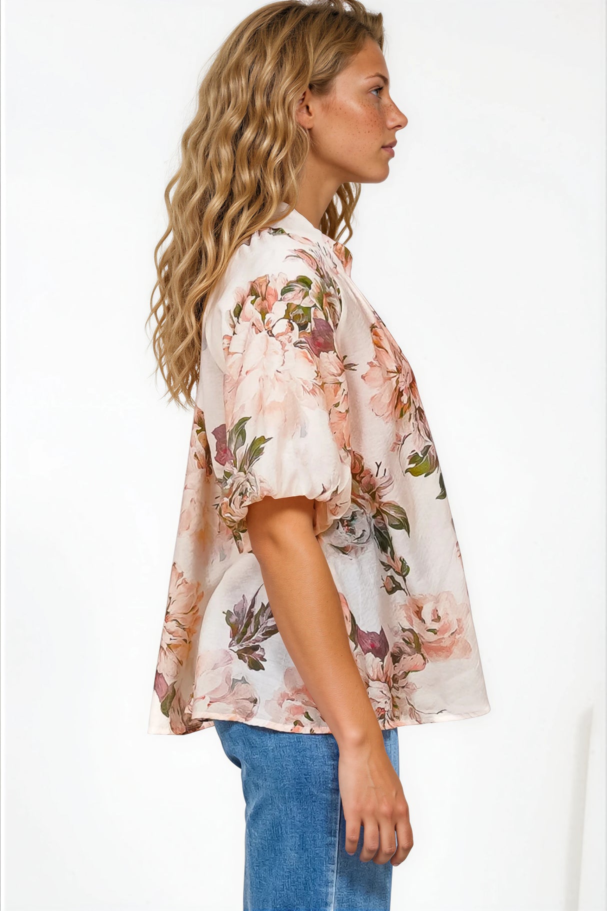 Natalia Blouse - Button Down Mandarin Collar Shirt in Kirah Print Peach