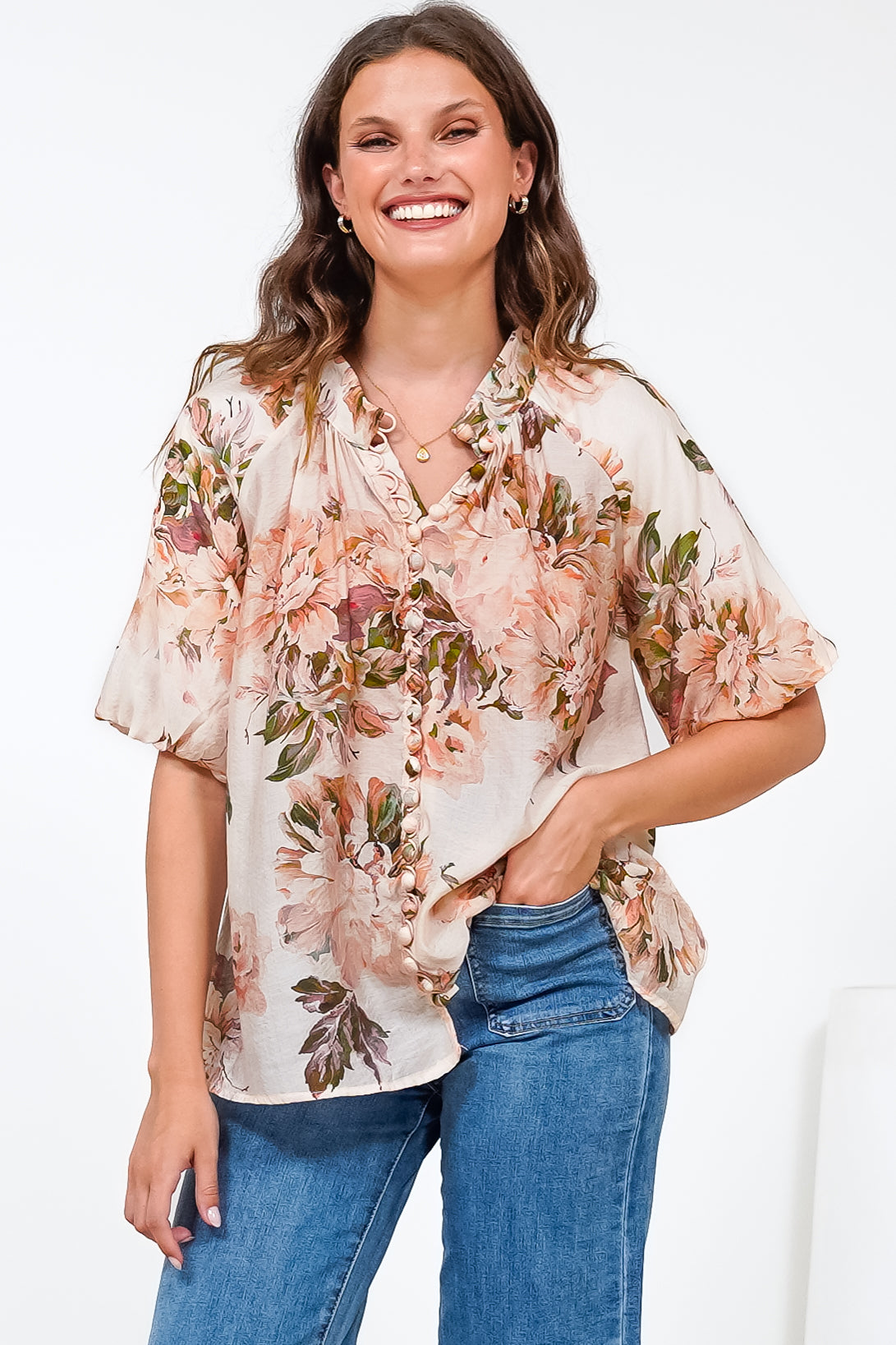 Natalia Blouse - Button Down Mandarin Collar Shirt in Kirah Print Peach