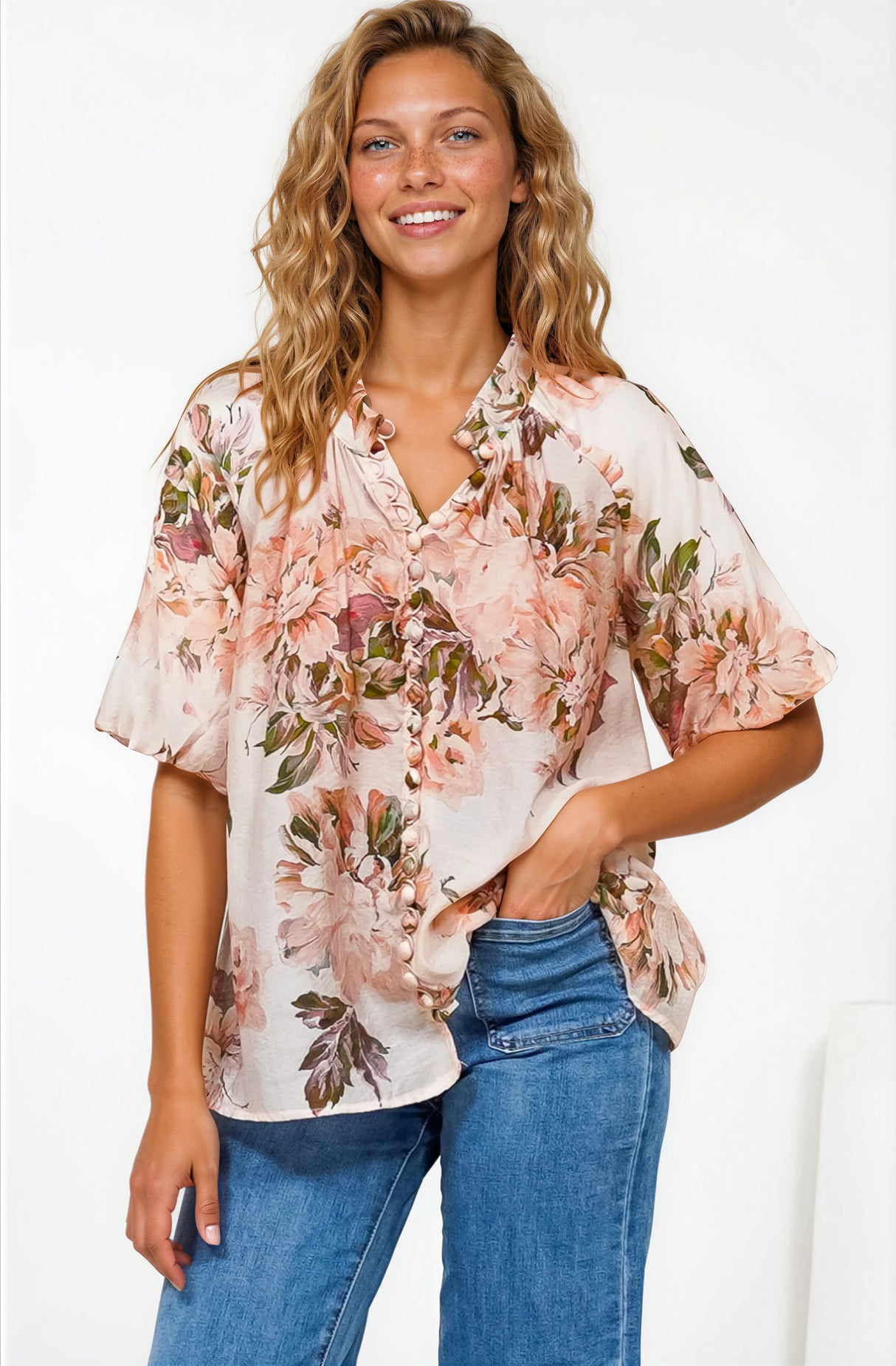 Natalia Blouse - Button Down Mandarin Collar Shirt in Kirah Print Peach