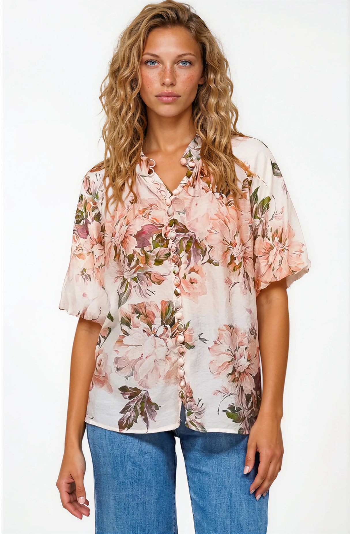 Natalia Blouse - Button Down Mandarin Collar Shirt in Kirah Print Peach