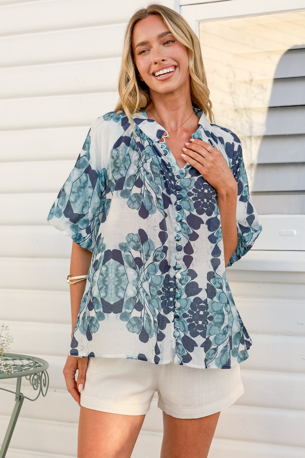 Natalia Blouse - Button Down Mandarin Collar Shirt in Calea Blue Print