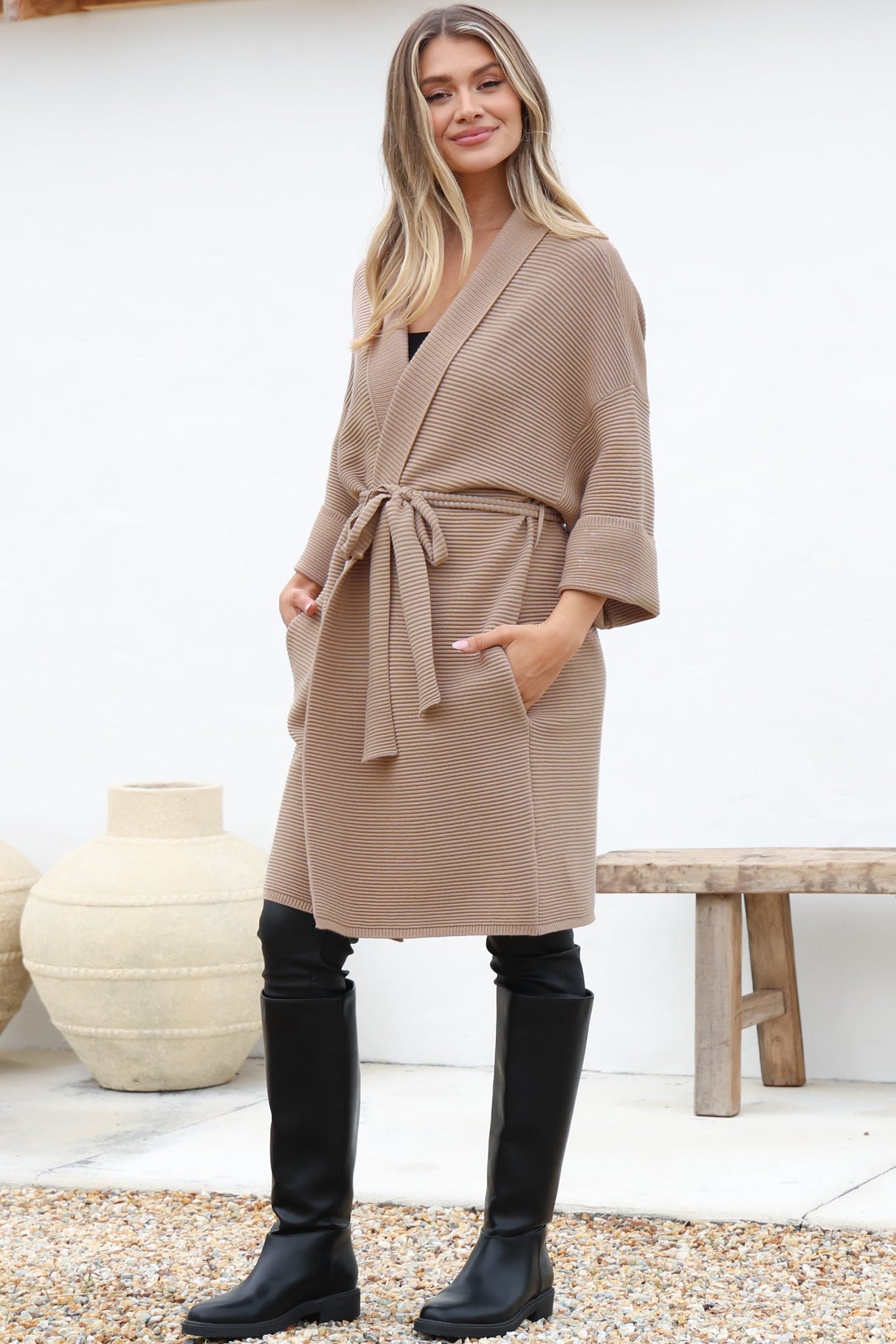 Navie Cardigan - Rolled Collar Ribbed Texture Cardigan with Waist Tie in Camel