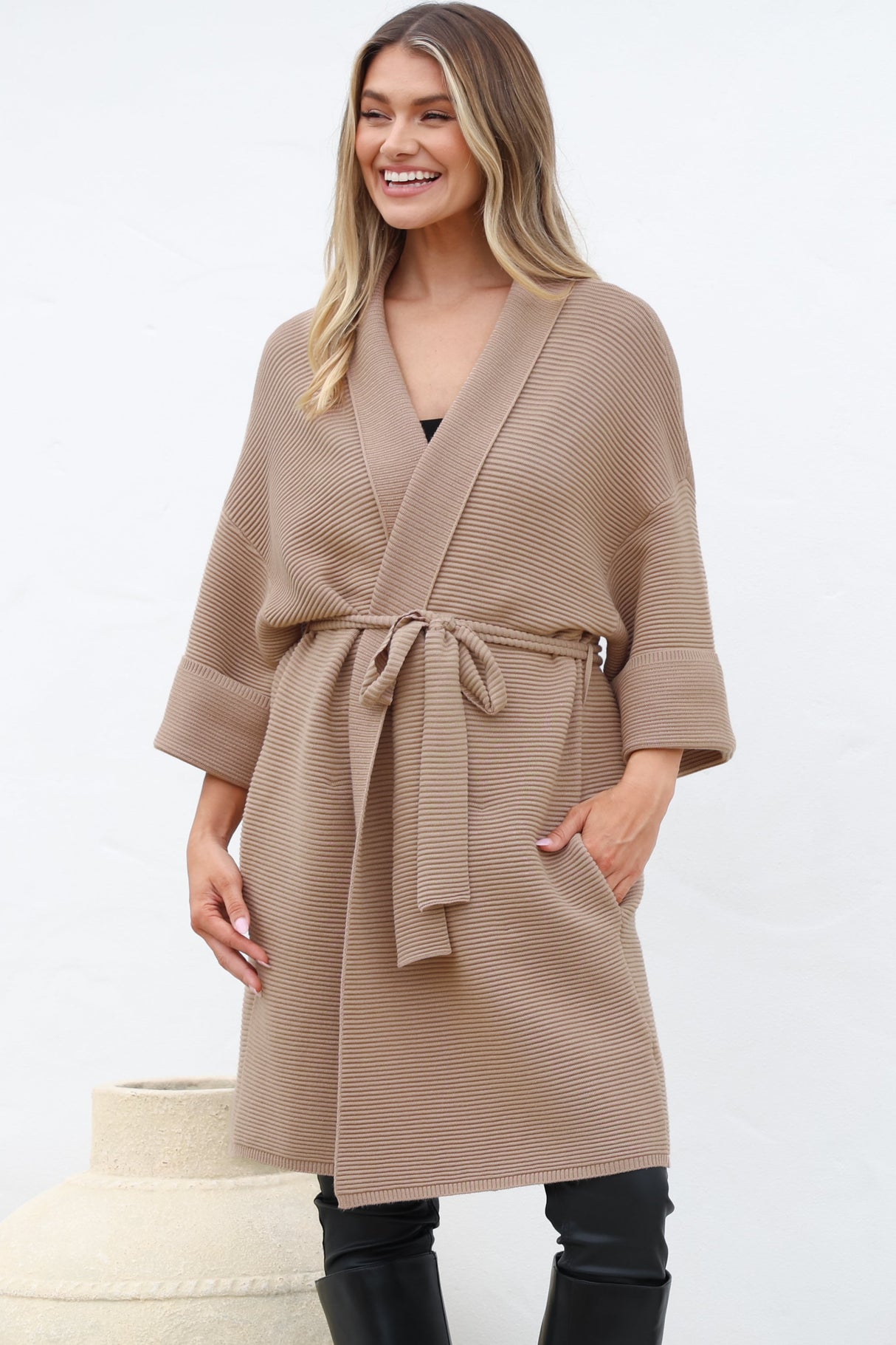 Navie Cardigan - Rolled Collar Ribbed Texture Cardigan with Waist Tie in Camel