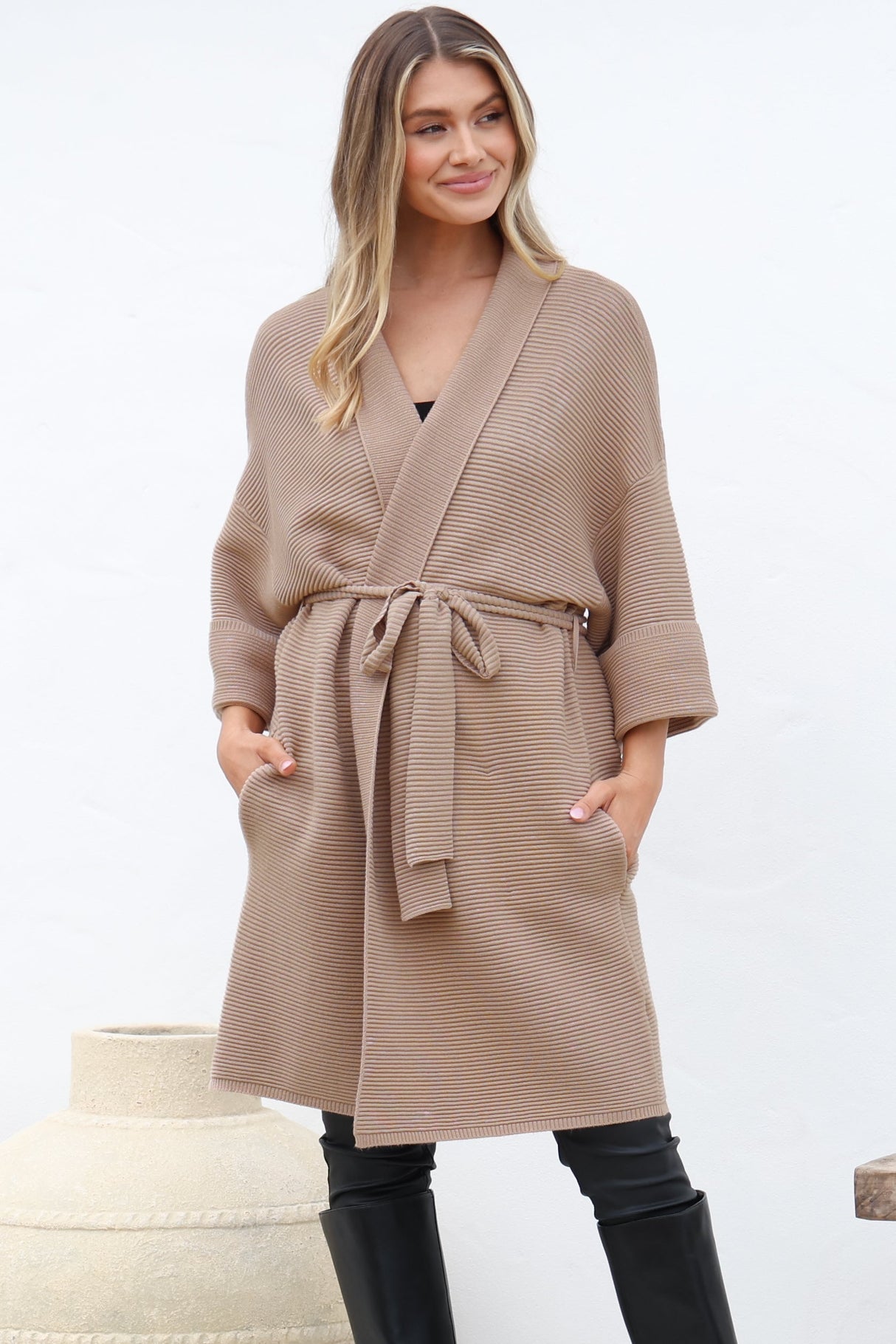 Navie Cardigan - Rolled Collar Ribbed Texture Cardigan with Waist Tie in Camel