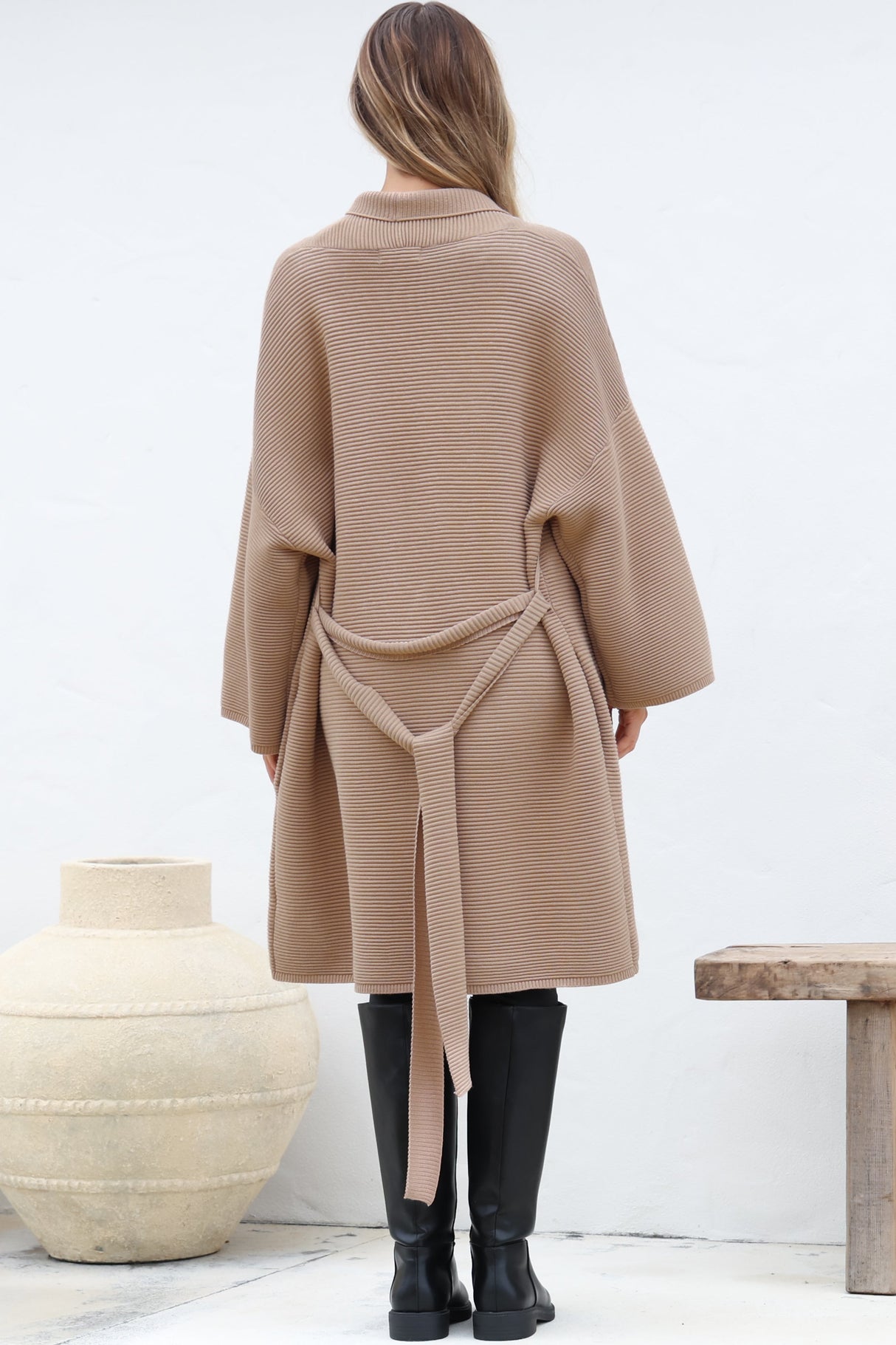 Navie Cardigan - Rolled Collar Ribbed Texture Cardigan with Waist Tie in Camel