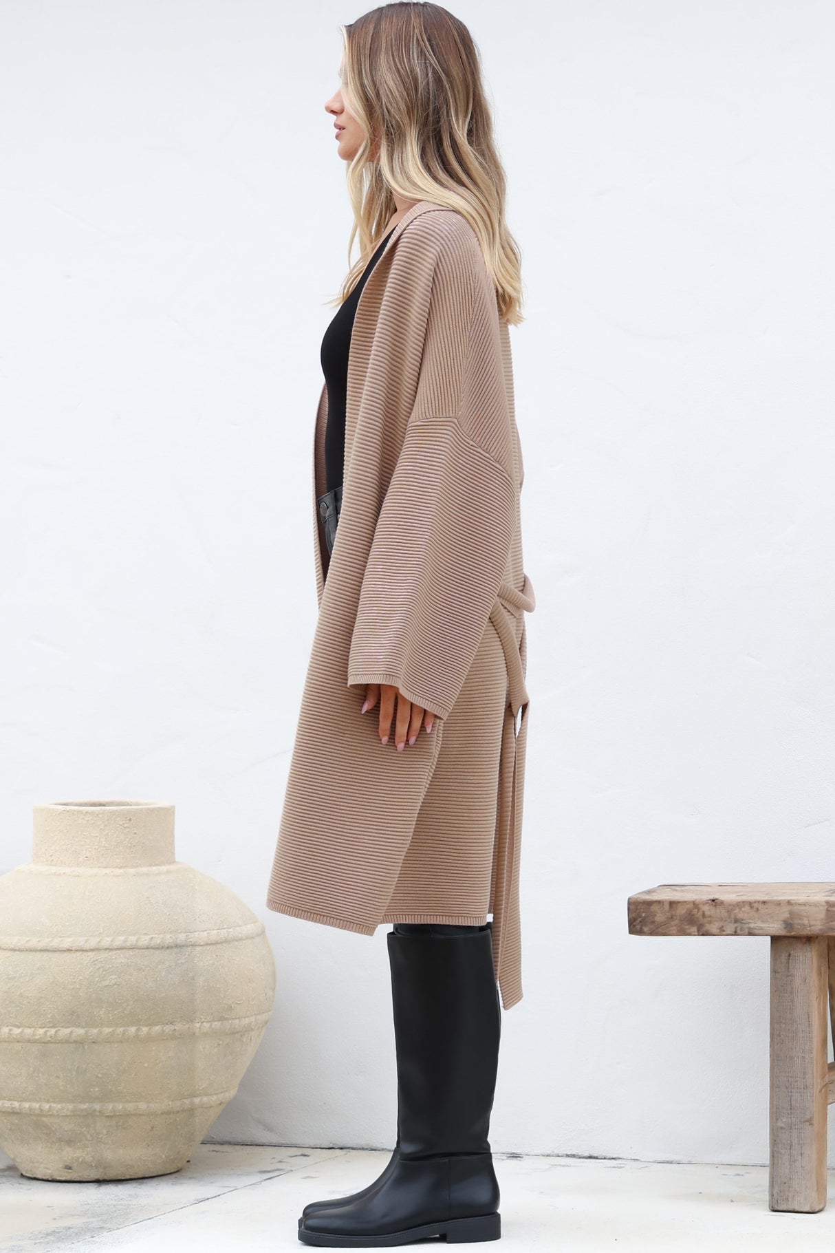 Navie Cardigan - Rolled Collar Ribbed Texture Cardigan with Waist Tie in Camel