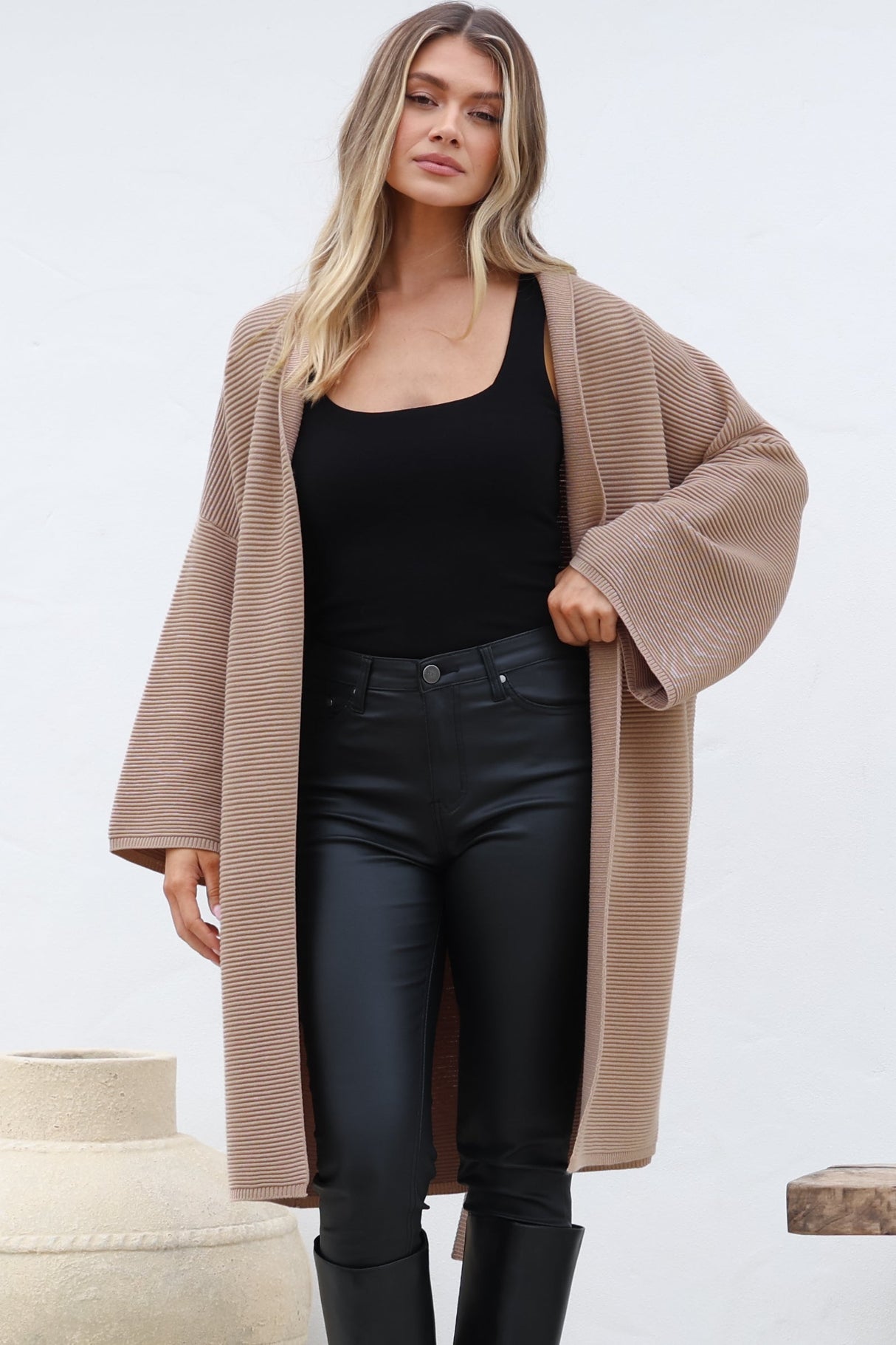 Navie Cardigan - Rolled Collar Ribbed Texture Cardigan with Waist Tie in Camel