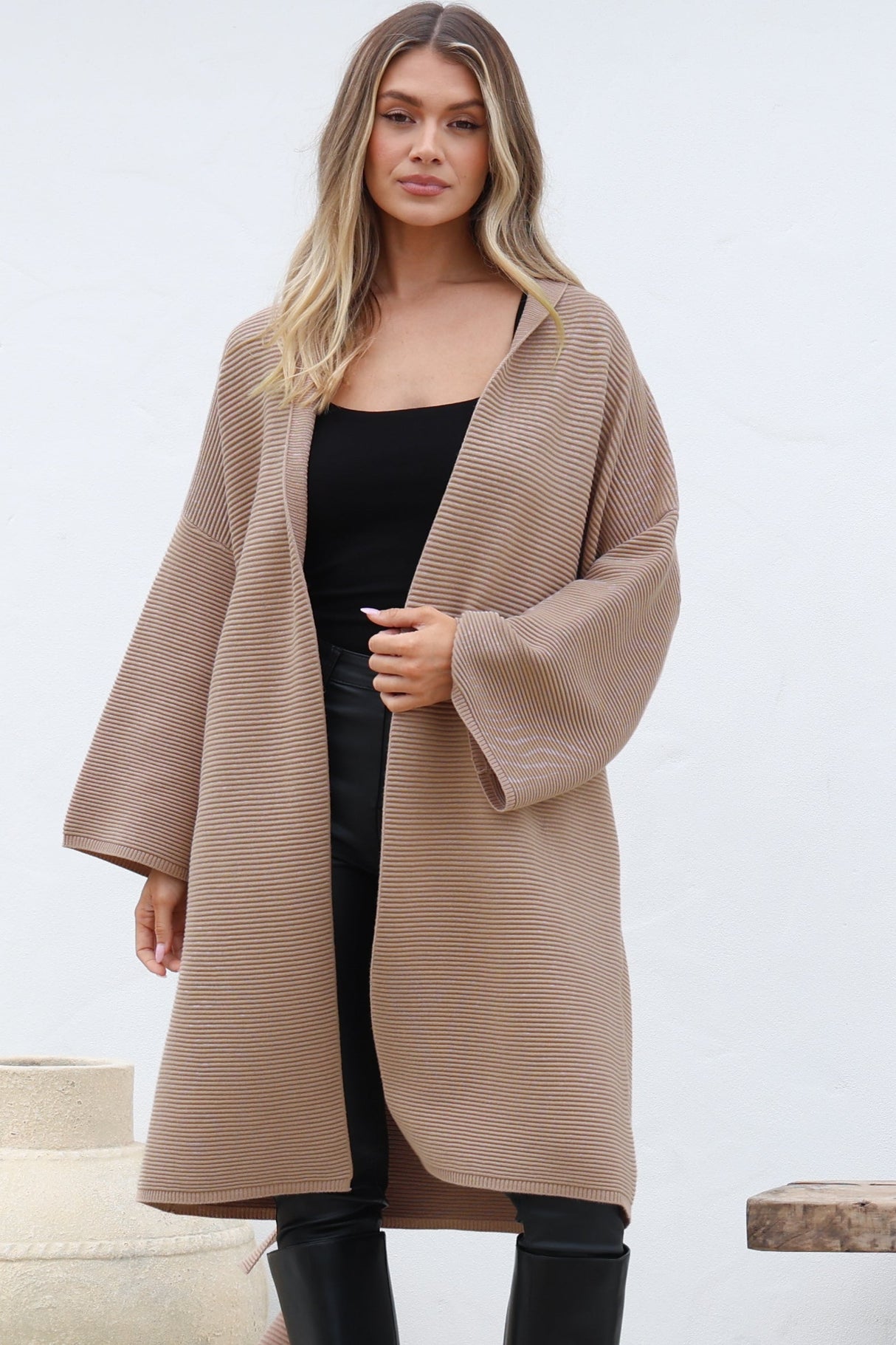 Navie Cardigan - Rolled Collar Ribbed Texture Cardigan with Waist Tie in Camel