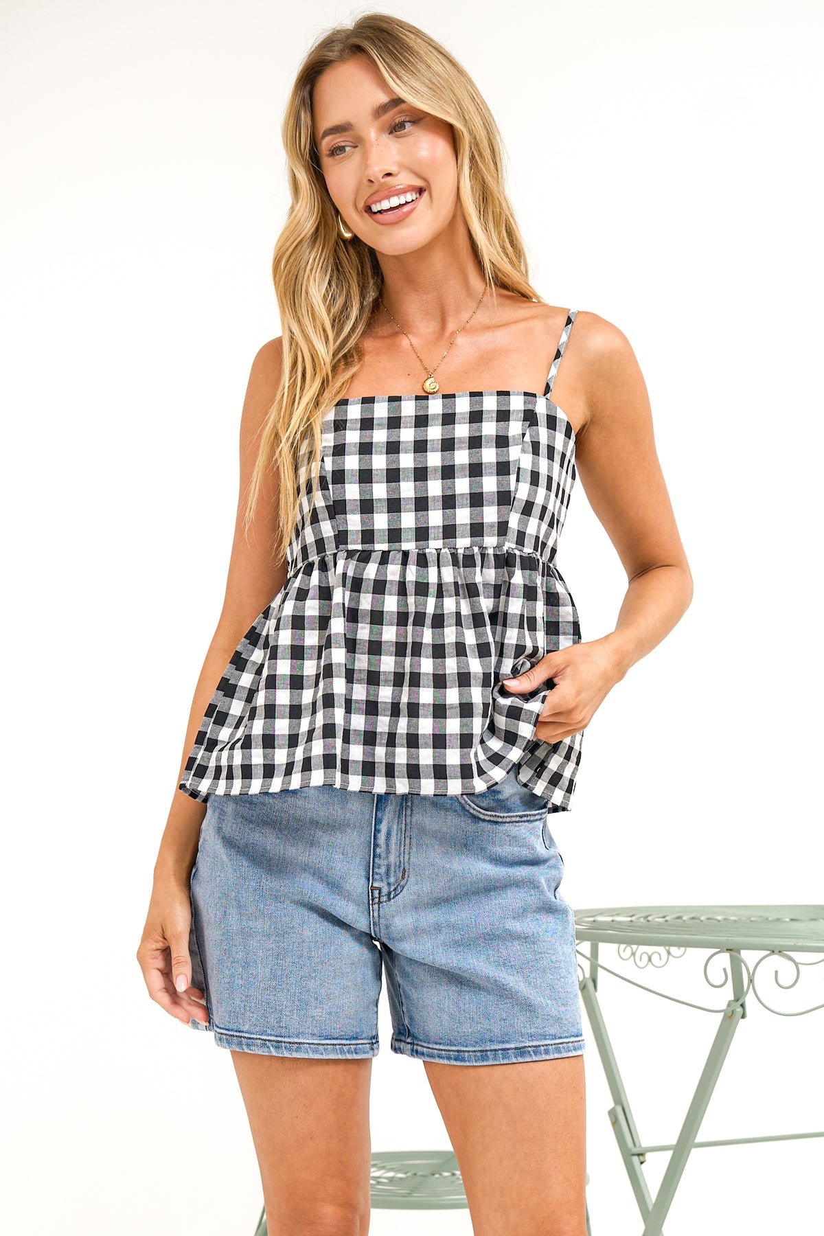Nela Top - Square Neck Pelum Hem Top with Adjustable Spaghetti Straps in Black Gingham