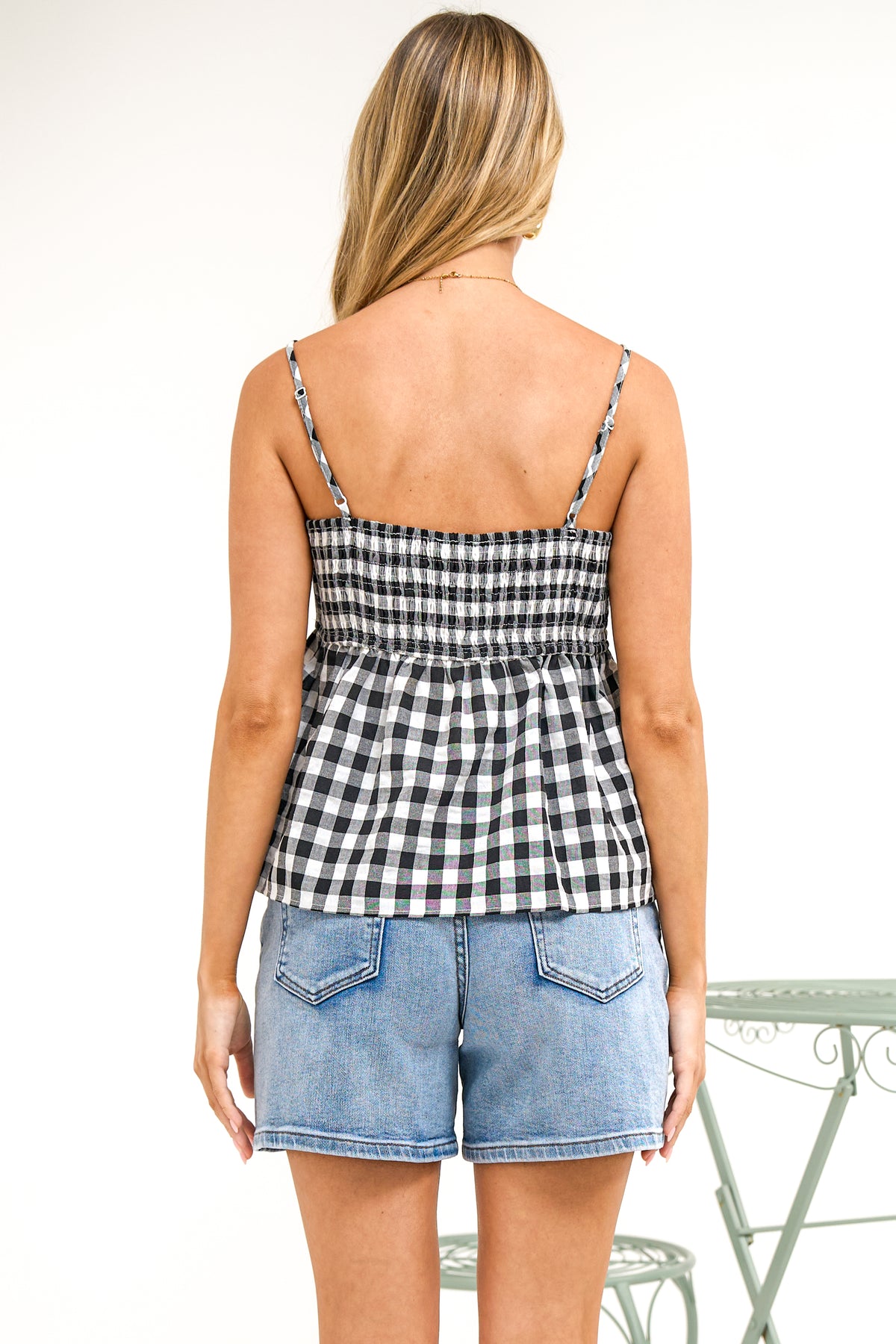 Nela Top - Square Neck Pelum Hem Top with Adjustable Spaghetti Straps in Black Gingham