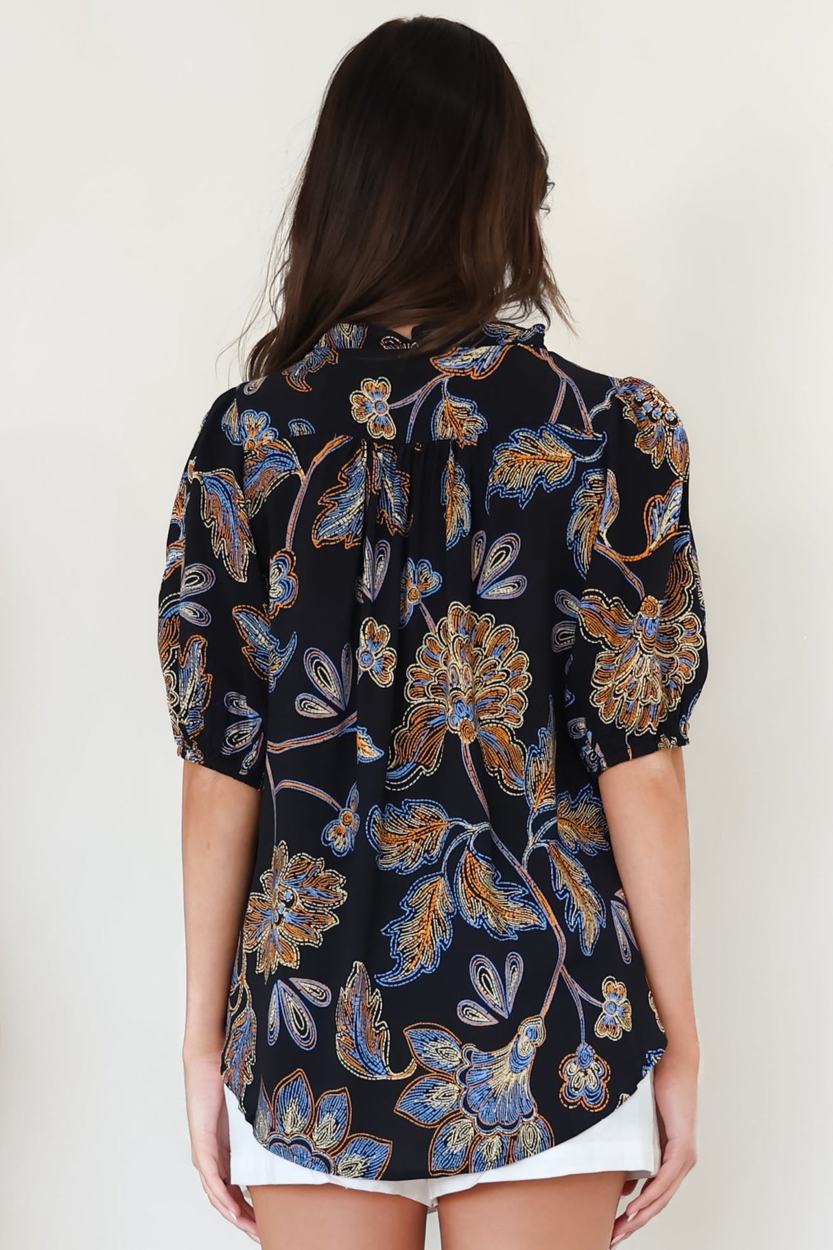 Neo Blouse - High Frill Collar Button Down Shirt in Enchanted Ink Print