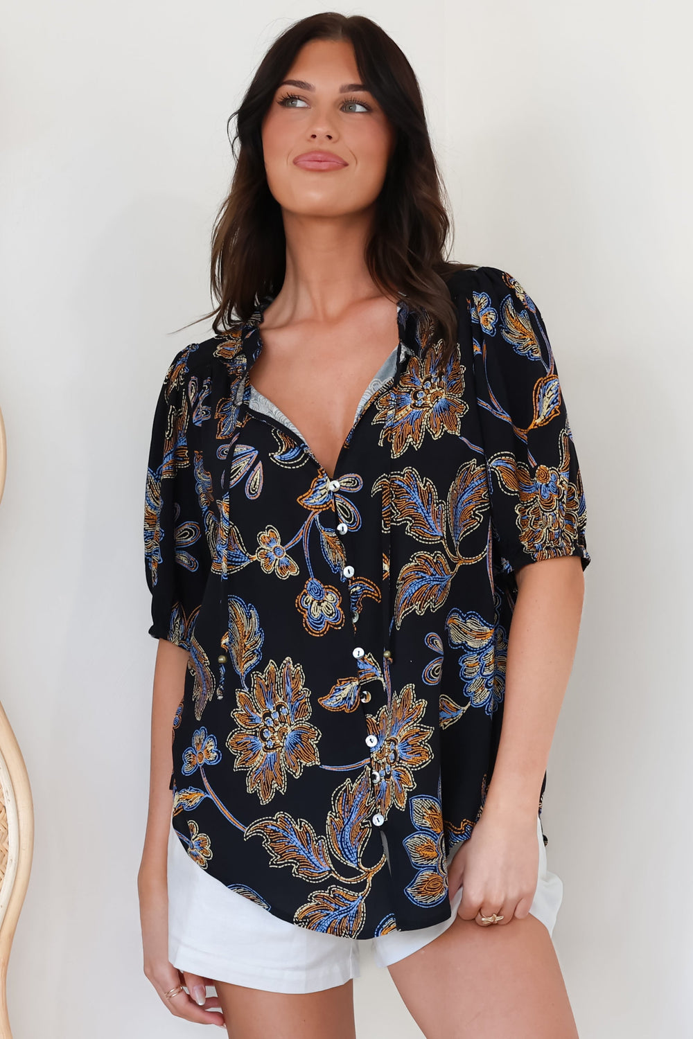 Neo Blouse - High Frill Collar Button Down Shirt in Enchanted Ink Print