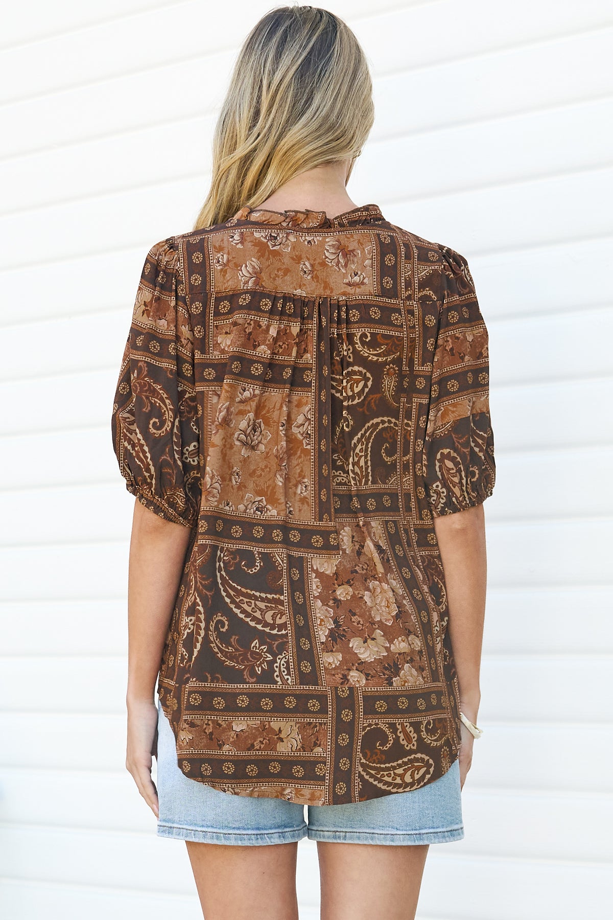 Neo Blouse - High Frill Collar Button Down Shirt in Mahalla Print
