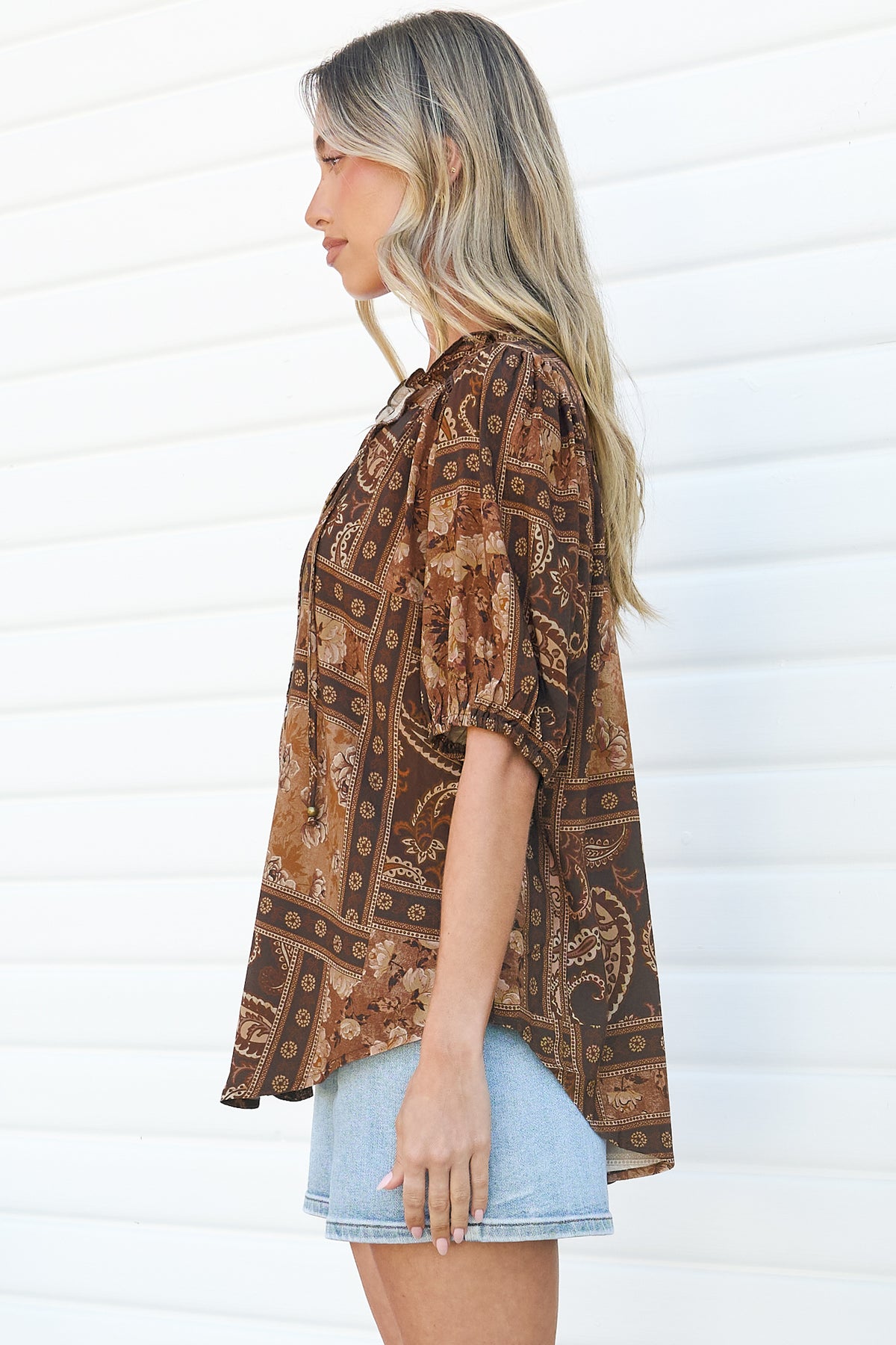 Neo Blouse - High Frill Collar Button Down Shirt in Mahalla Print