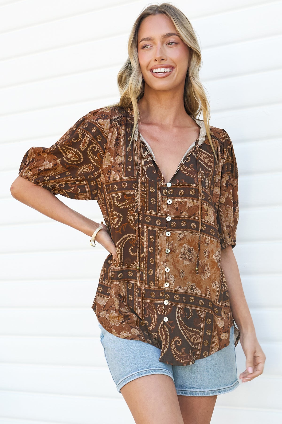 Neo Blouse - High Frill Collar Button Down Shirt in Mahalla Print