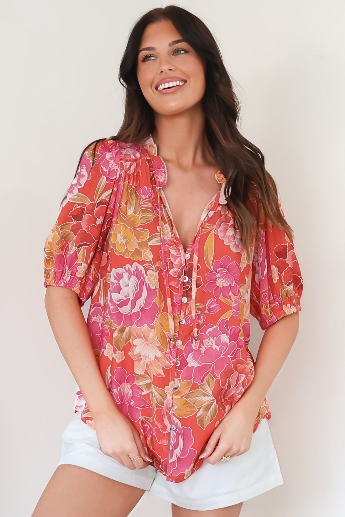 Neo Blouse - High Frill Collar Button Down Shirt in Mirella Print