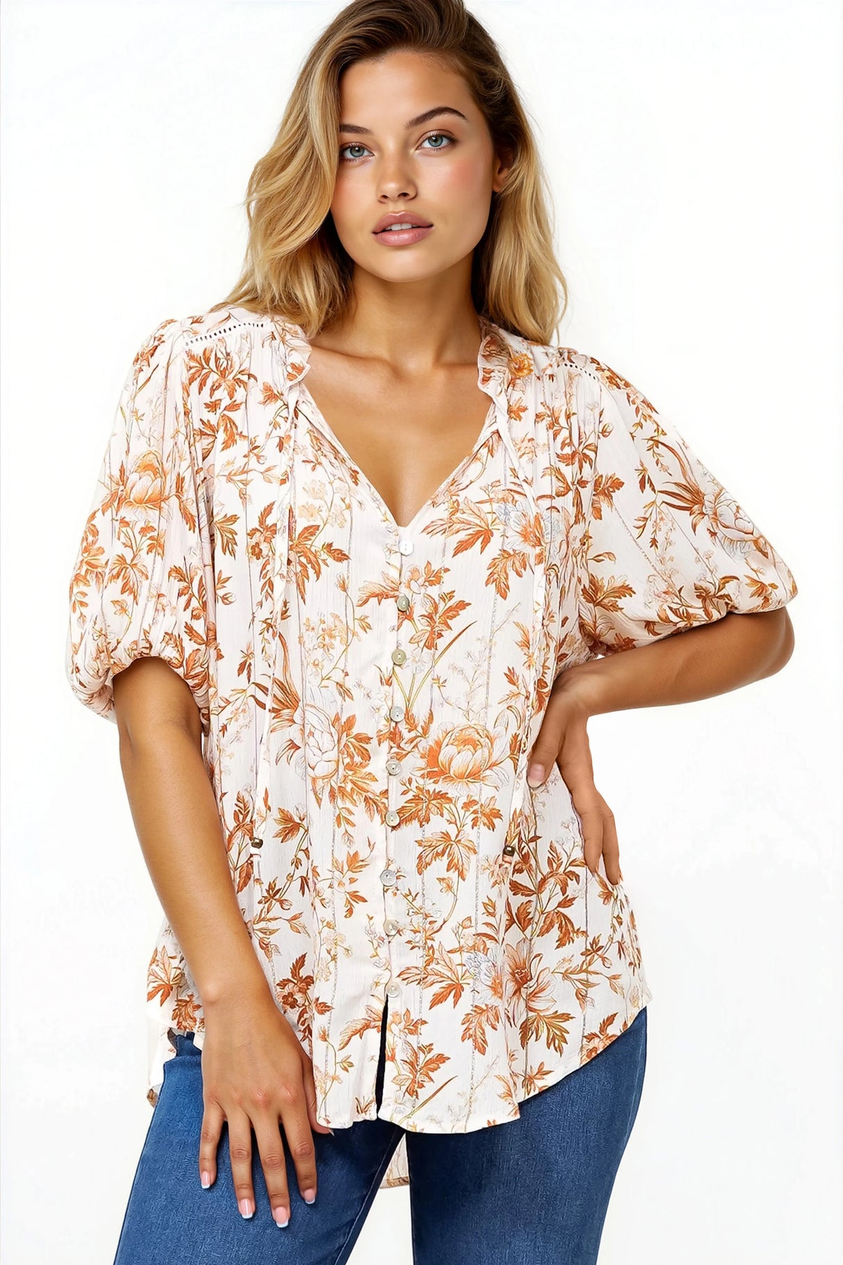 Neo Blouse - High Frill Collar Button Down Shirt in Sorrento Print Cream