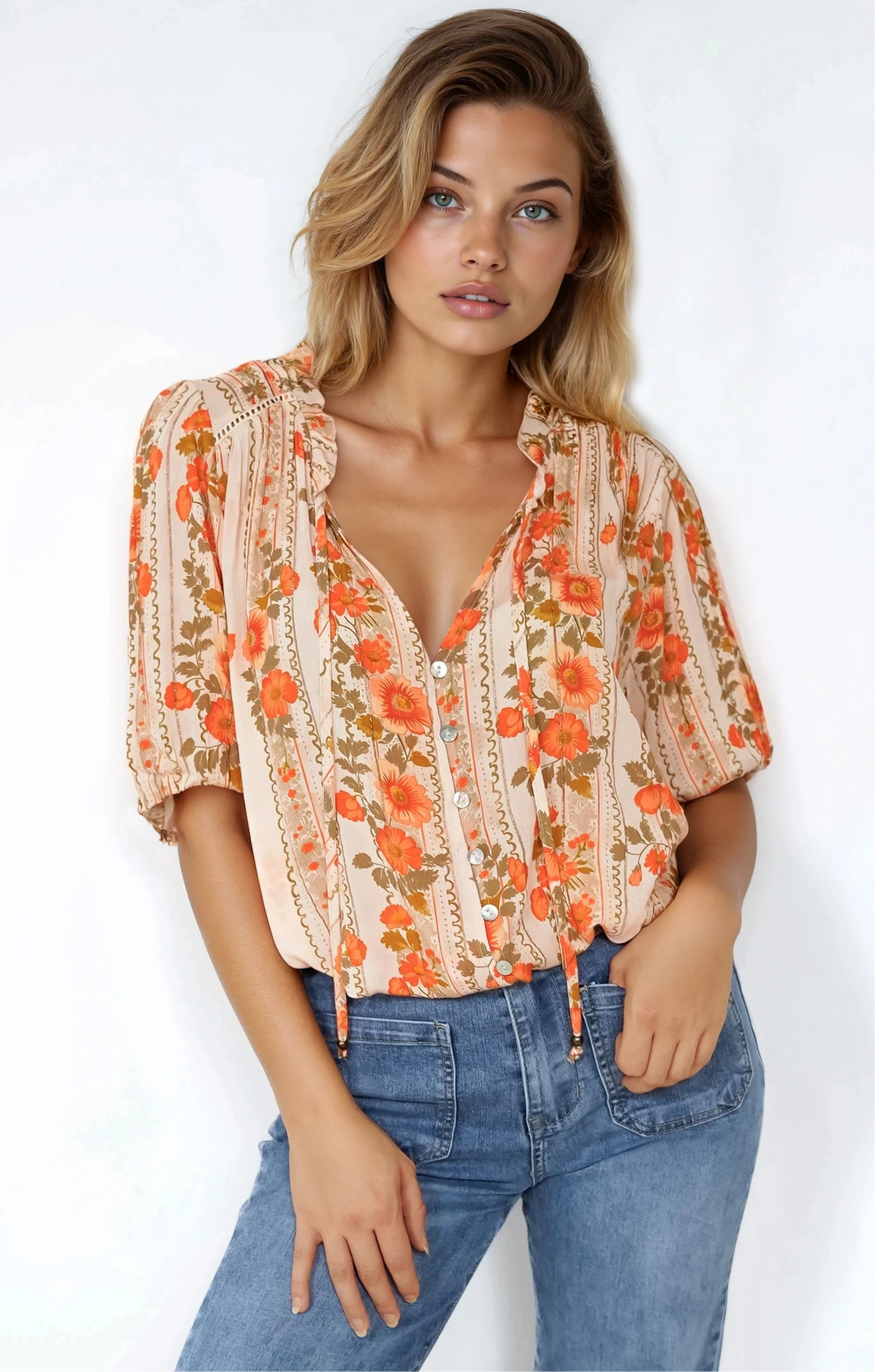 Neo Blouse - High Frill Collar Button Down Shirt in Vondrosa Print